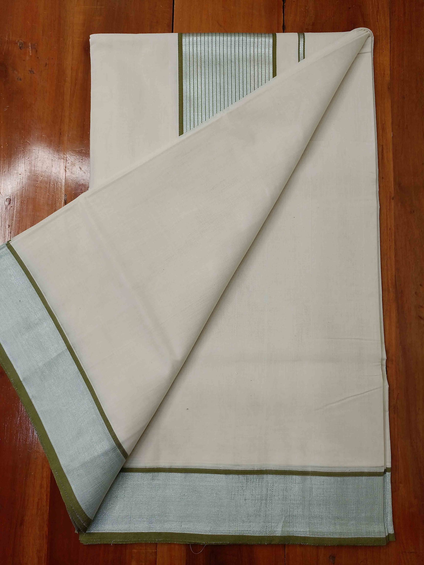 Kerala Saree Balaramapuram Handloom with Olive Green & Silver Colour