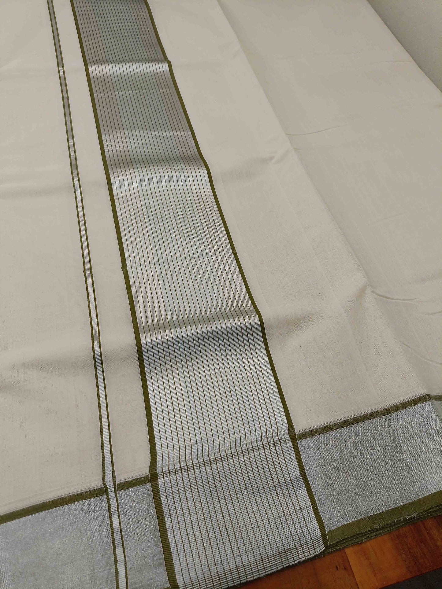 Kerala Saree Balaramapuram Handloom with Olive Green & Silver Colour