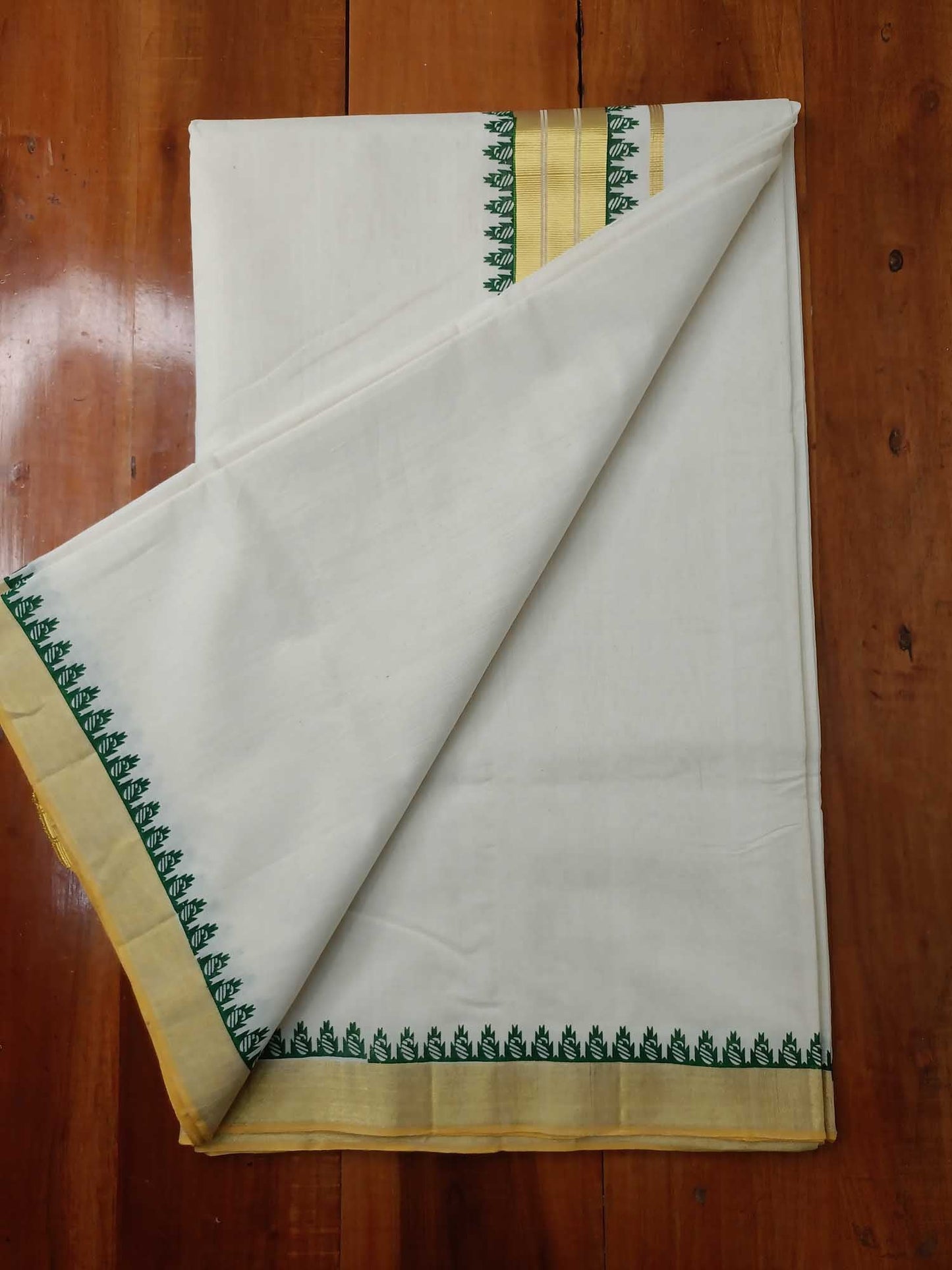 Kerala Kasavu Saree Balaramapuram Handloom with Green Temple Design Polca Dots