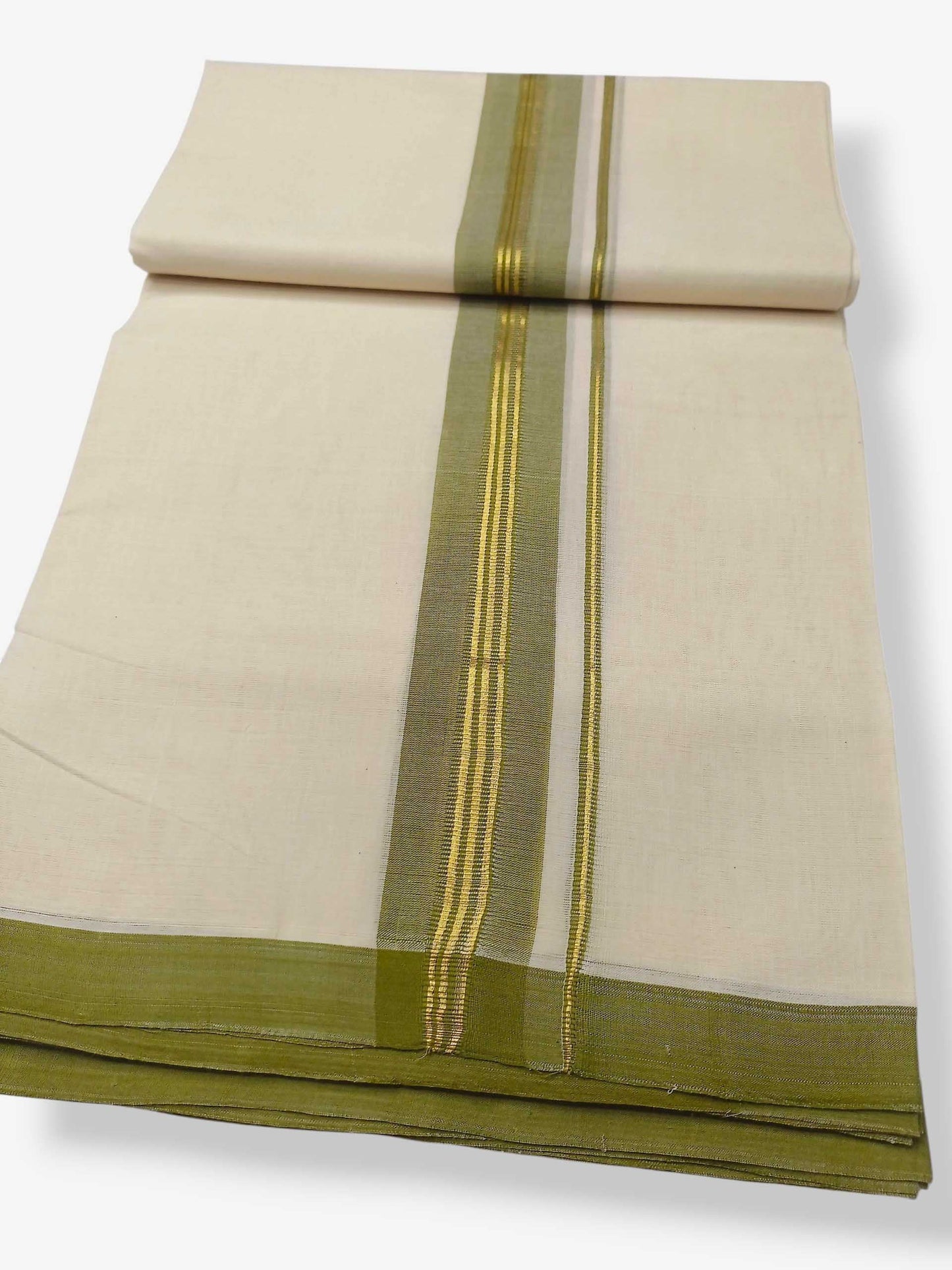 Balaramapuram Handloom Double Mundu Pure Cotton with Olive Green Border