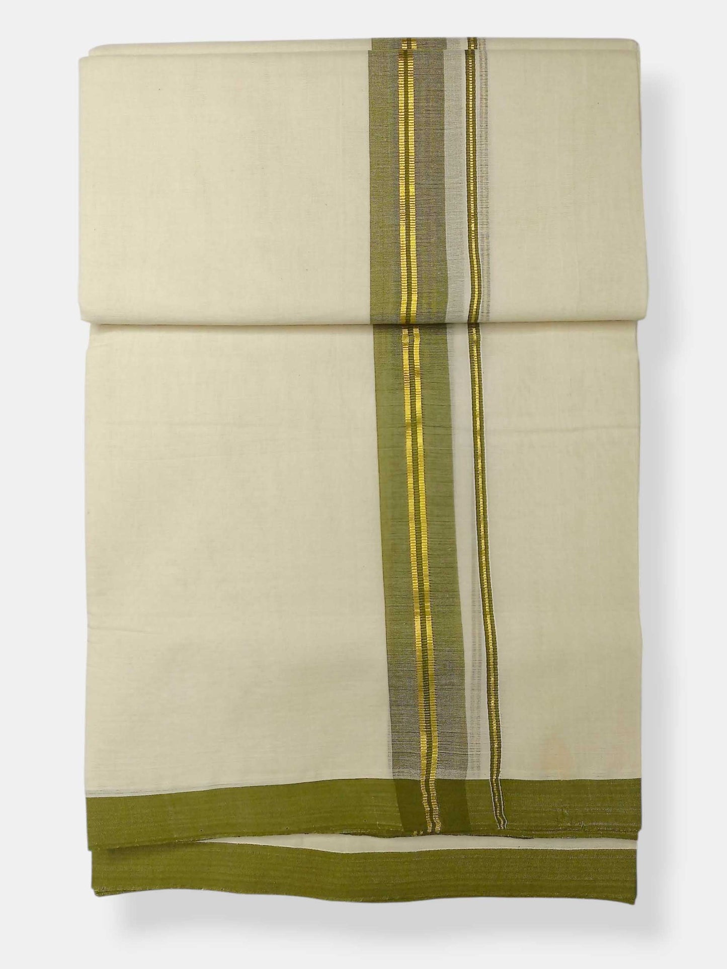 Balaramapuram Handloom Double Mundu Pure Cotton with Olive Green Border