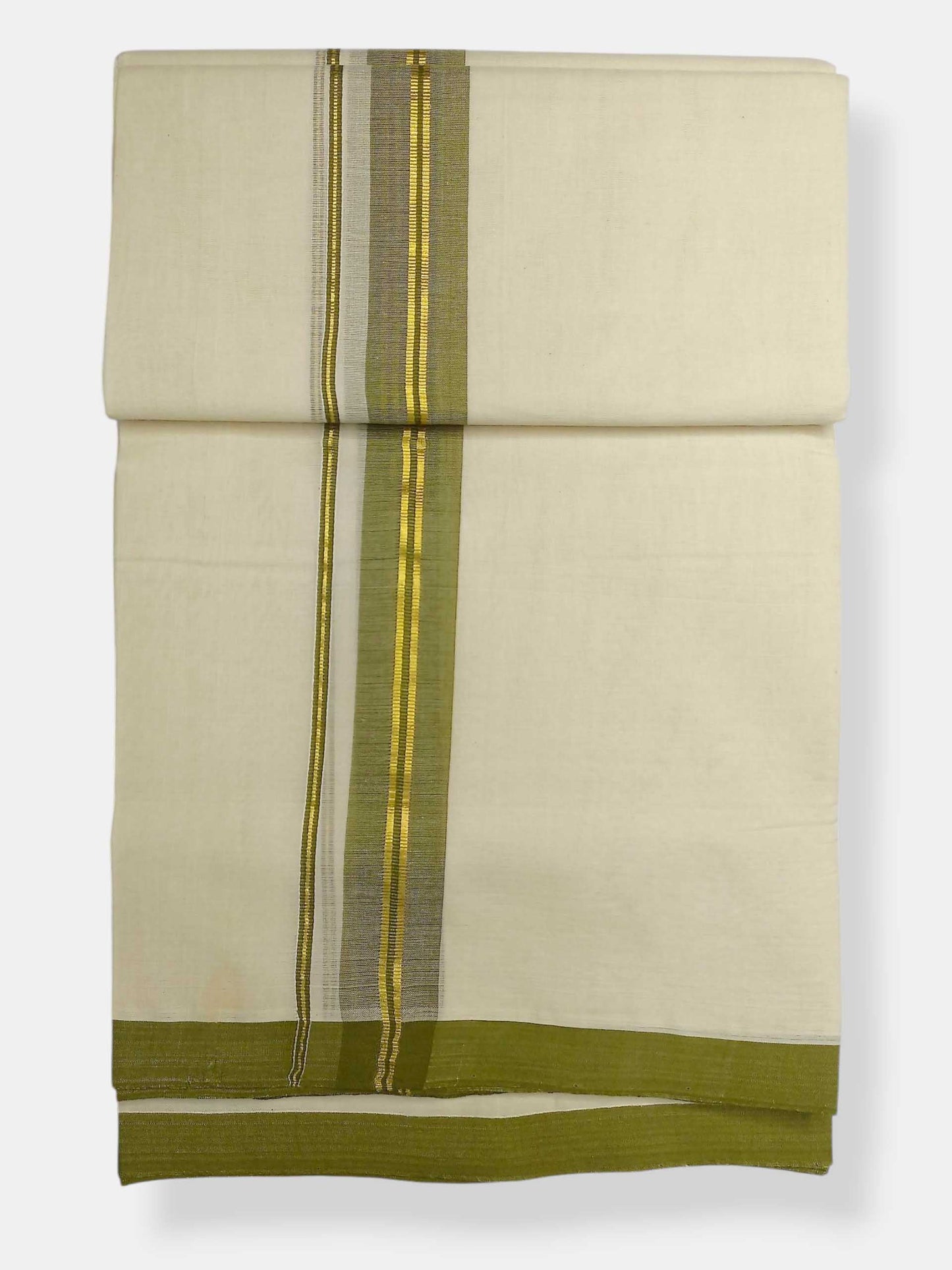 Balaramapuram Handloom Double Mundu Pure Cotton with Olive Green Border