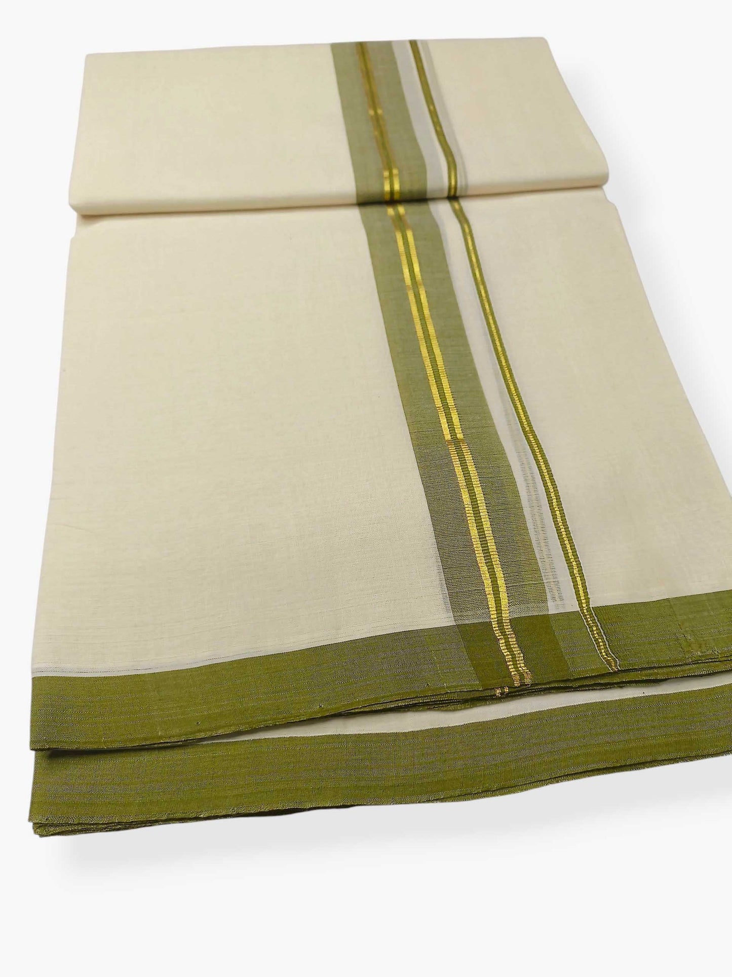Balaramapuram Handloom Double Mundu Pure Cotton with Olive Green Border
