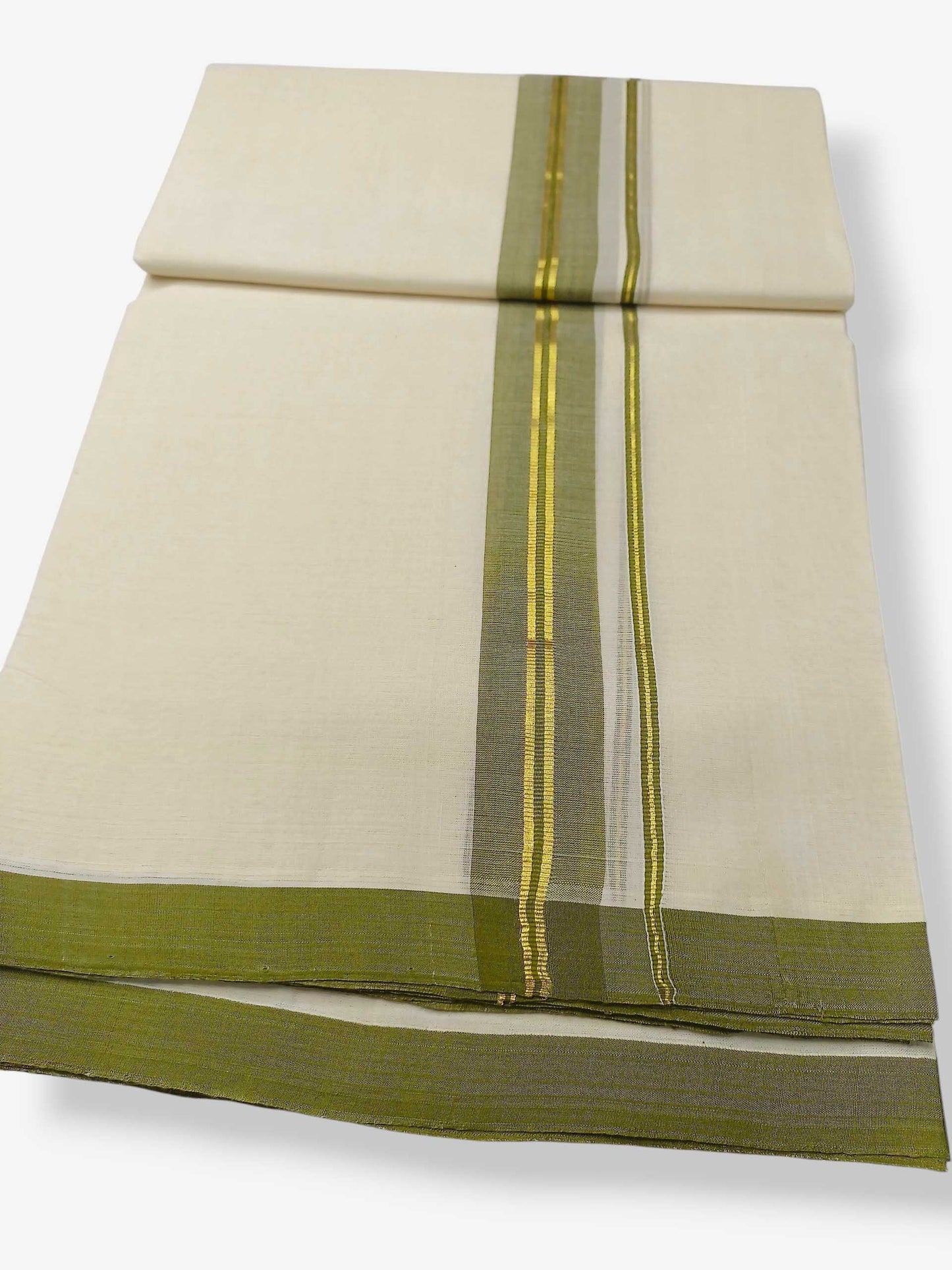 Balaramapuram Handloom Double Mundu Pure Cotton with Olive Green Border