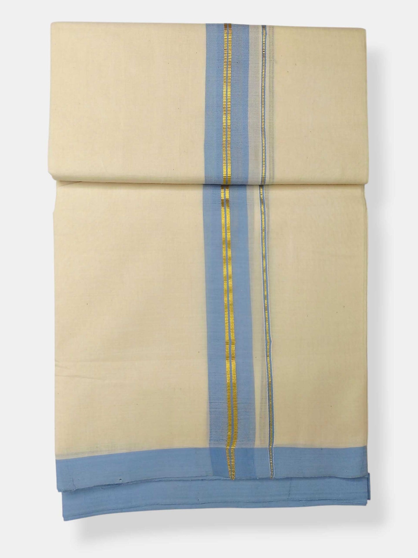 Balaramapuram Handloom Double Mundu Pure Cotton with Ocean Blue Border