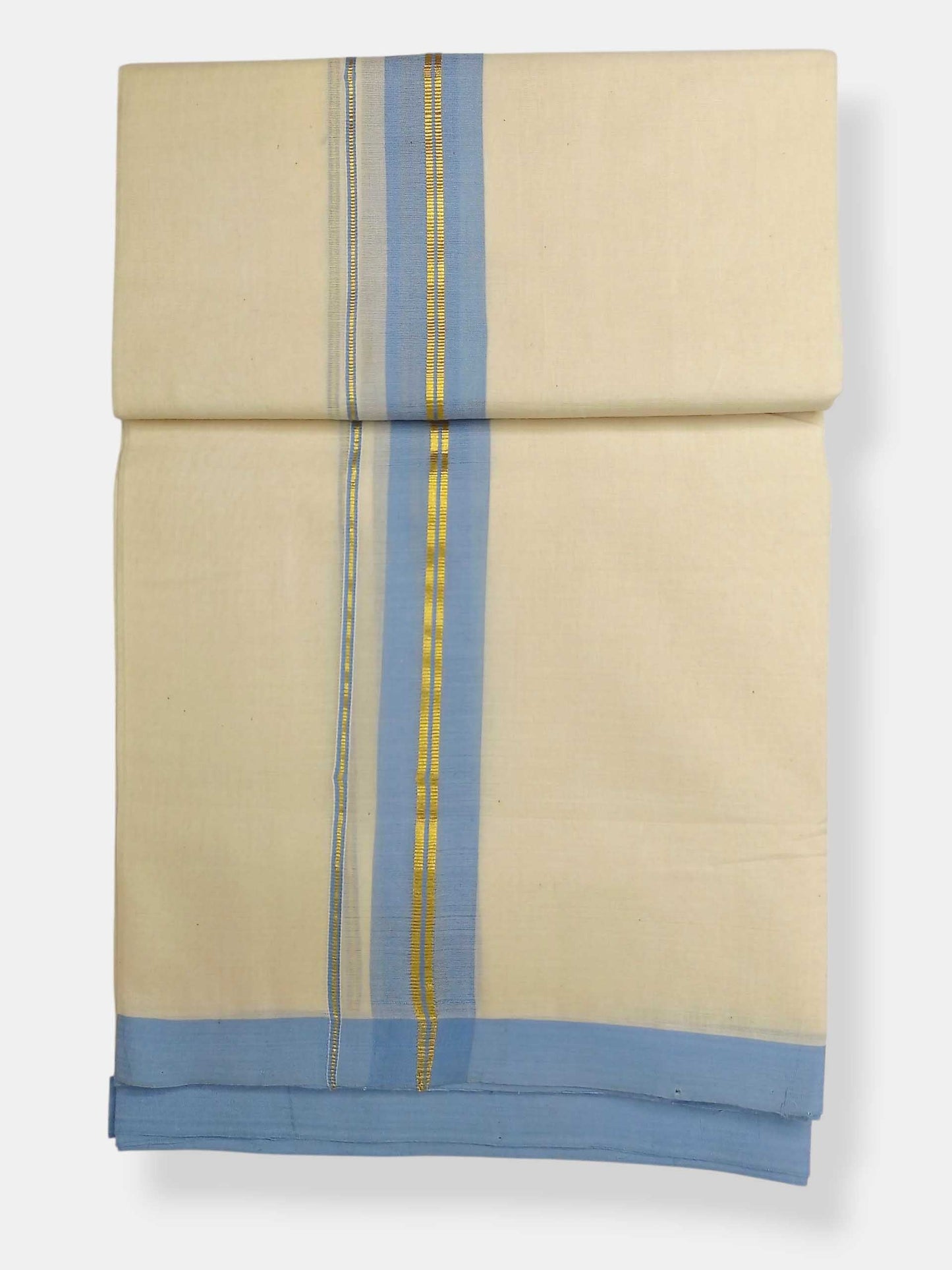 Balaramapuram Handloom Double Mundu Pure Cotton with Ocean Blue Border