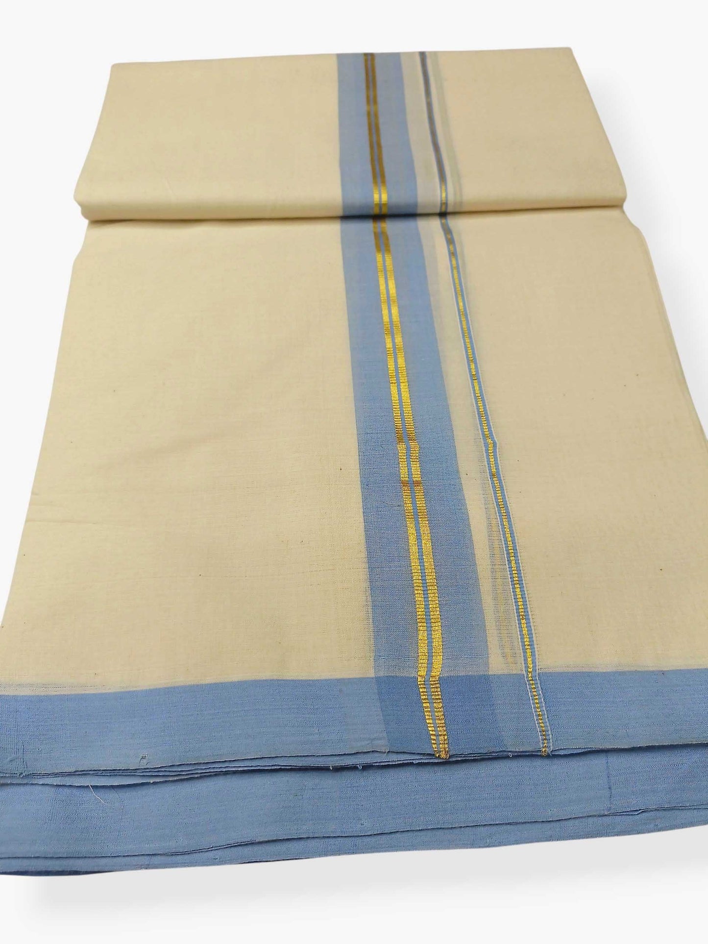 Balaramapuram Handloom Double Mundu Pure Cotton with Ocean Blue Border