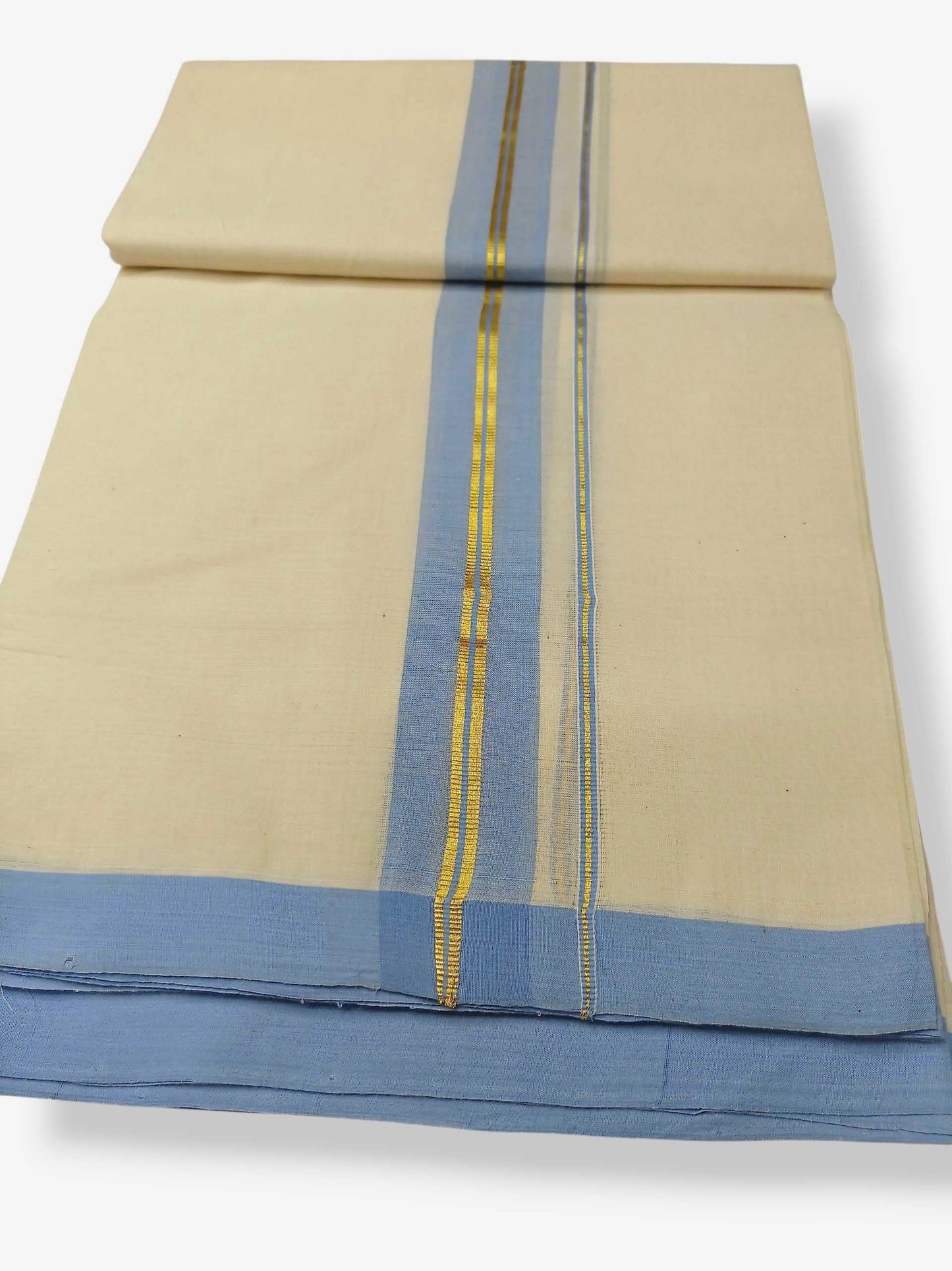 Balaramapuram Handloom Double Mundu Pure Cotton with Ocean Blue Border