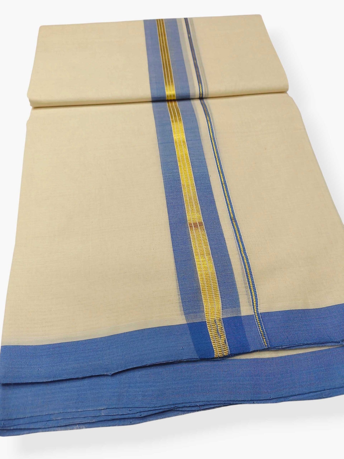 Balaramapuram Handloom Double Mundu Pure Cotton with Blue Border
