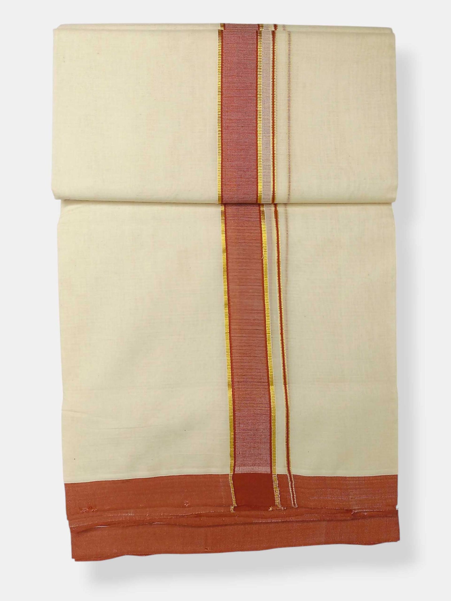 Balaramapuram Handloom Double Mundu Pure Cotton with Dark Orange Border