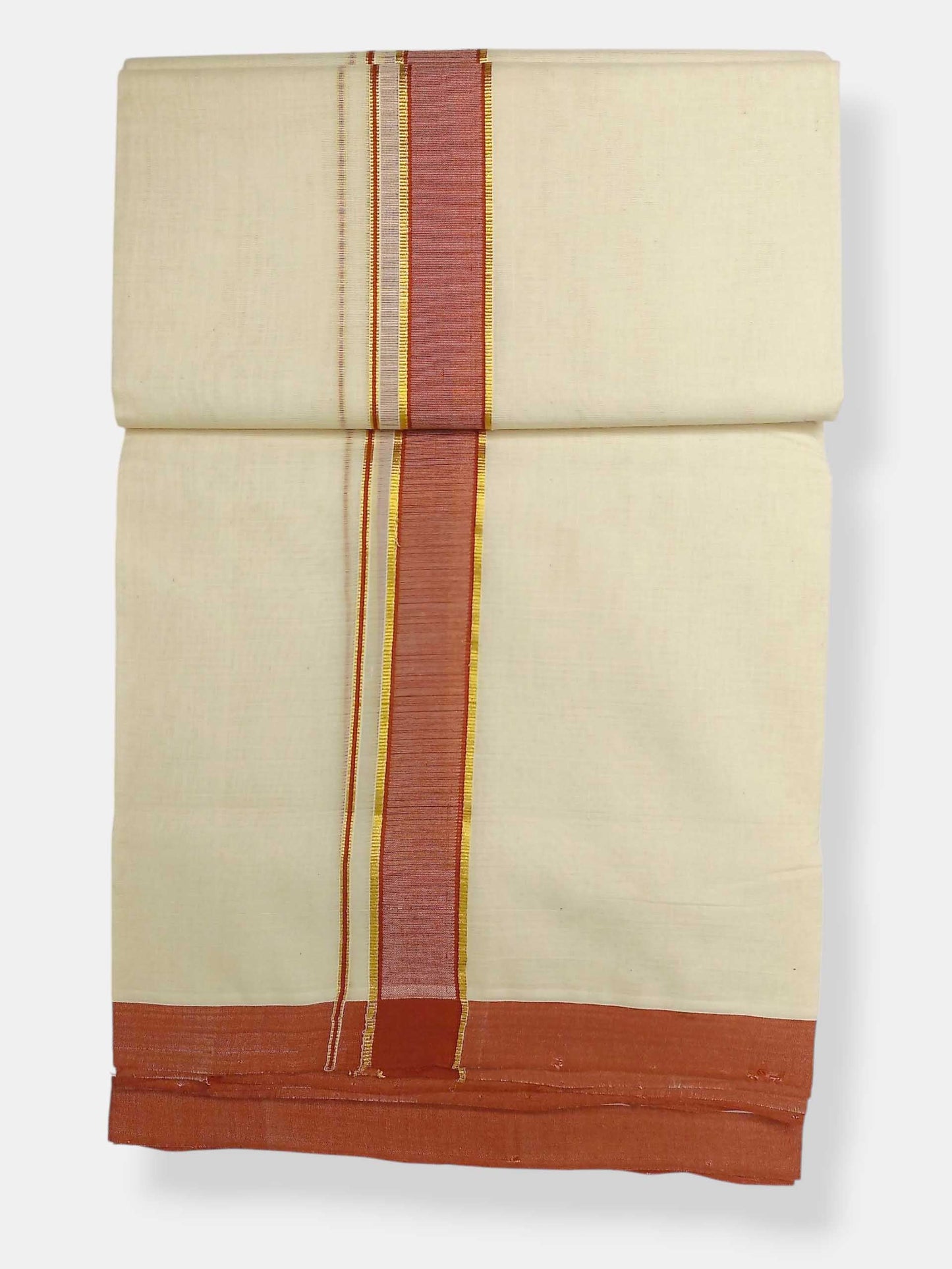 Balaramapuram Handloom Double Mundu Pure Cotton with Dark Orange Border