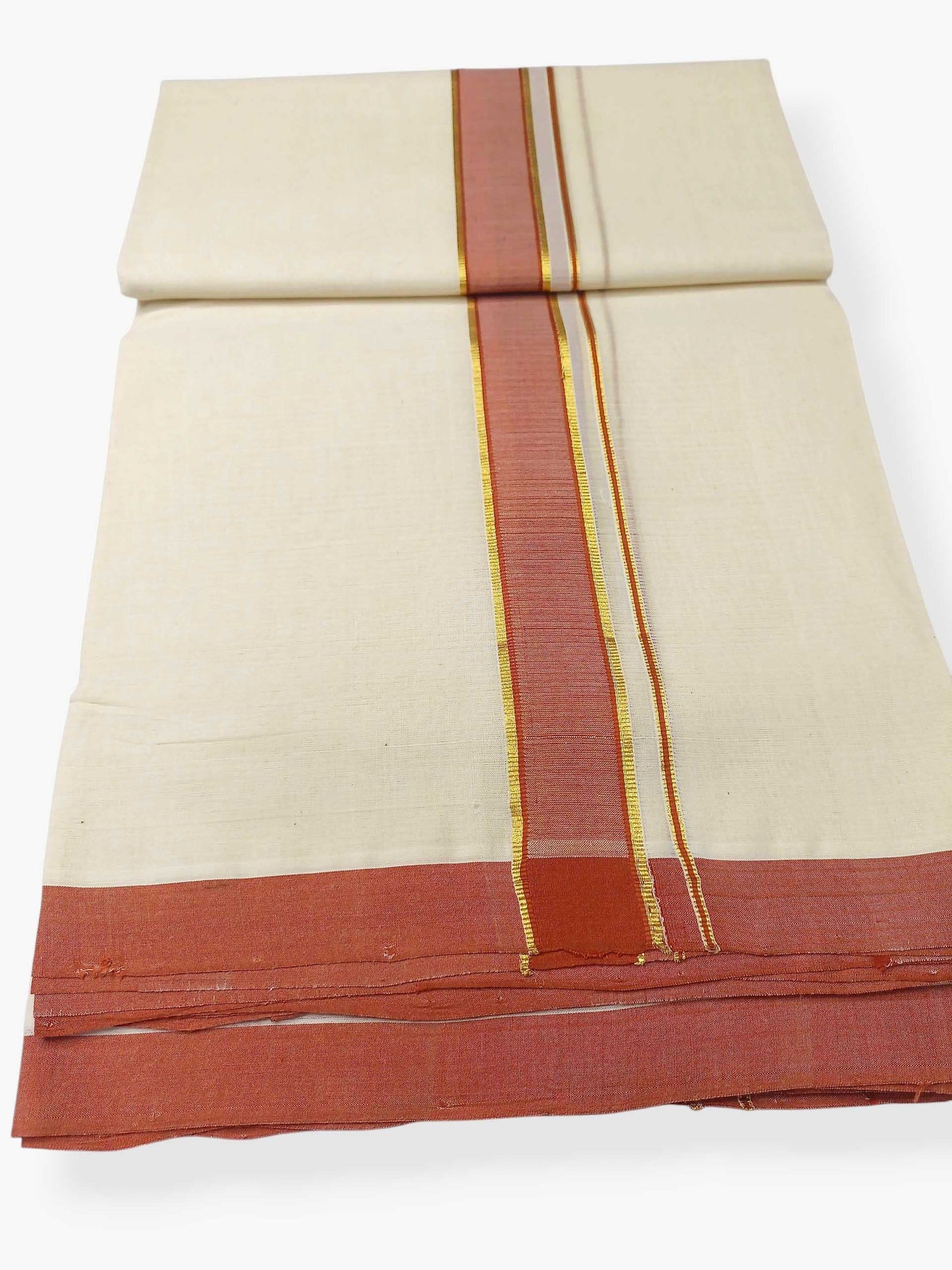 Balaramapuram Handloom Double Mundu Pure Cotton with Dark Orange Border