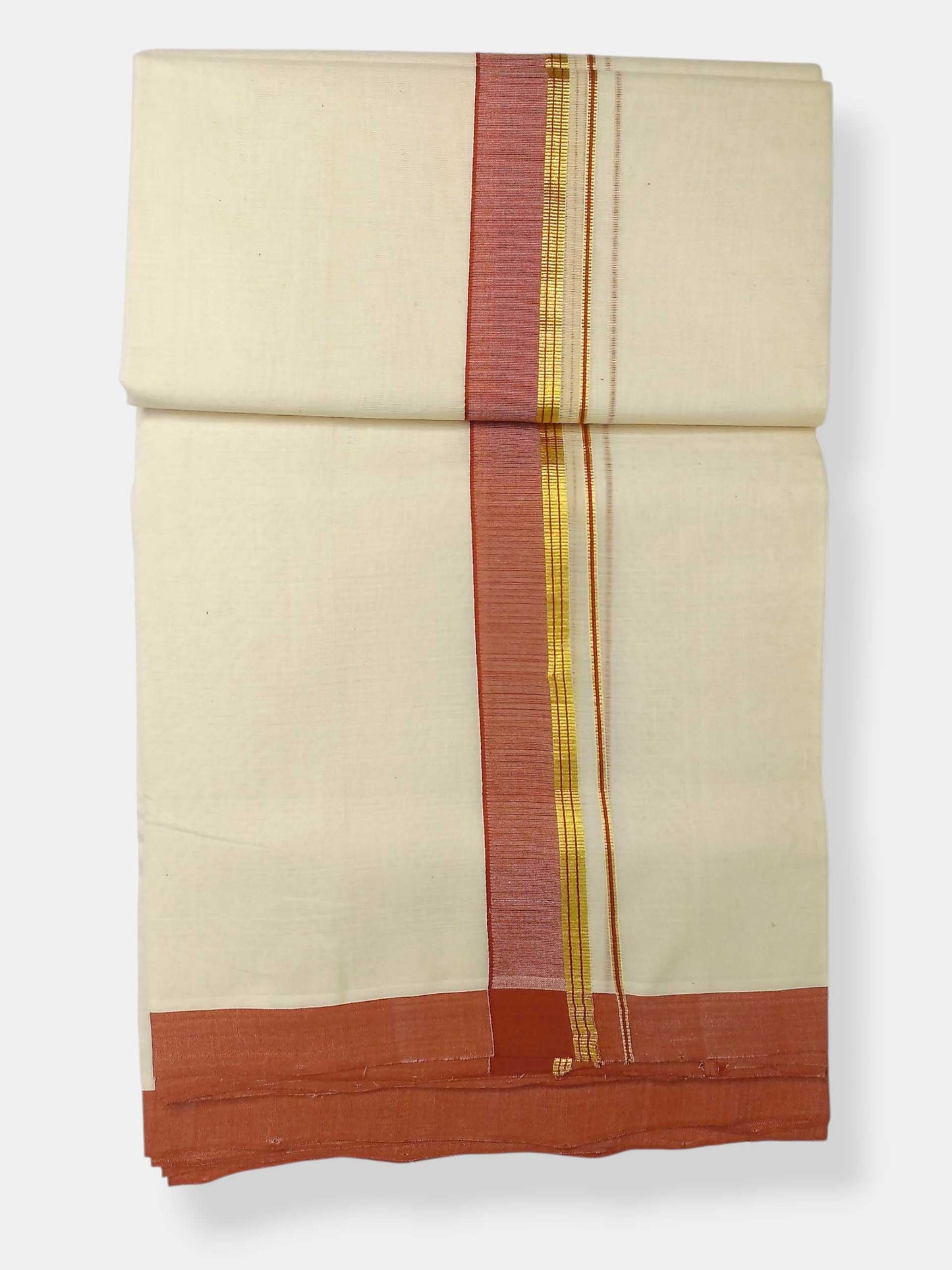 Balaramapuram Handloom Double Mundu Pure Cotton with Dark Orange Border