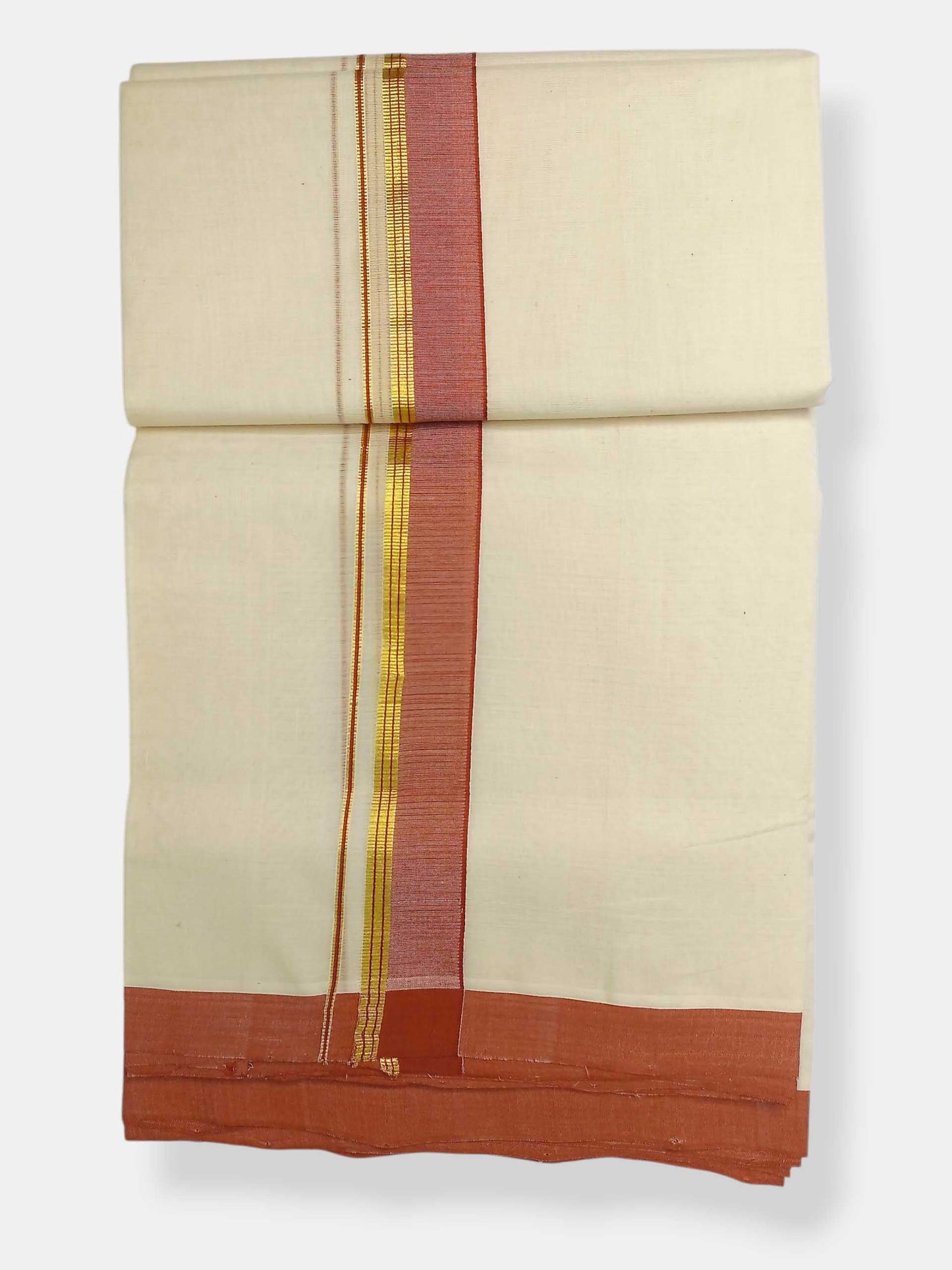 Balaramapuram Handloom Double Mundu Pure Cotton with Dark Orange Border