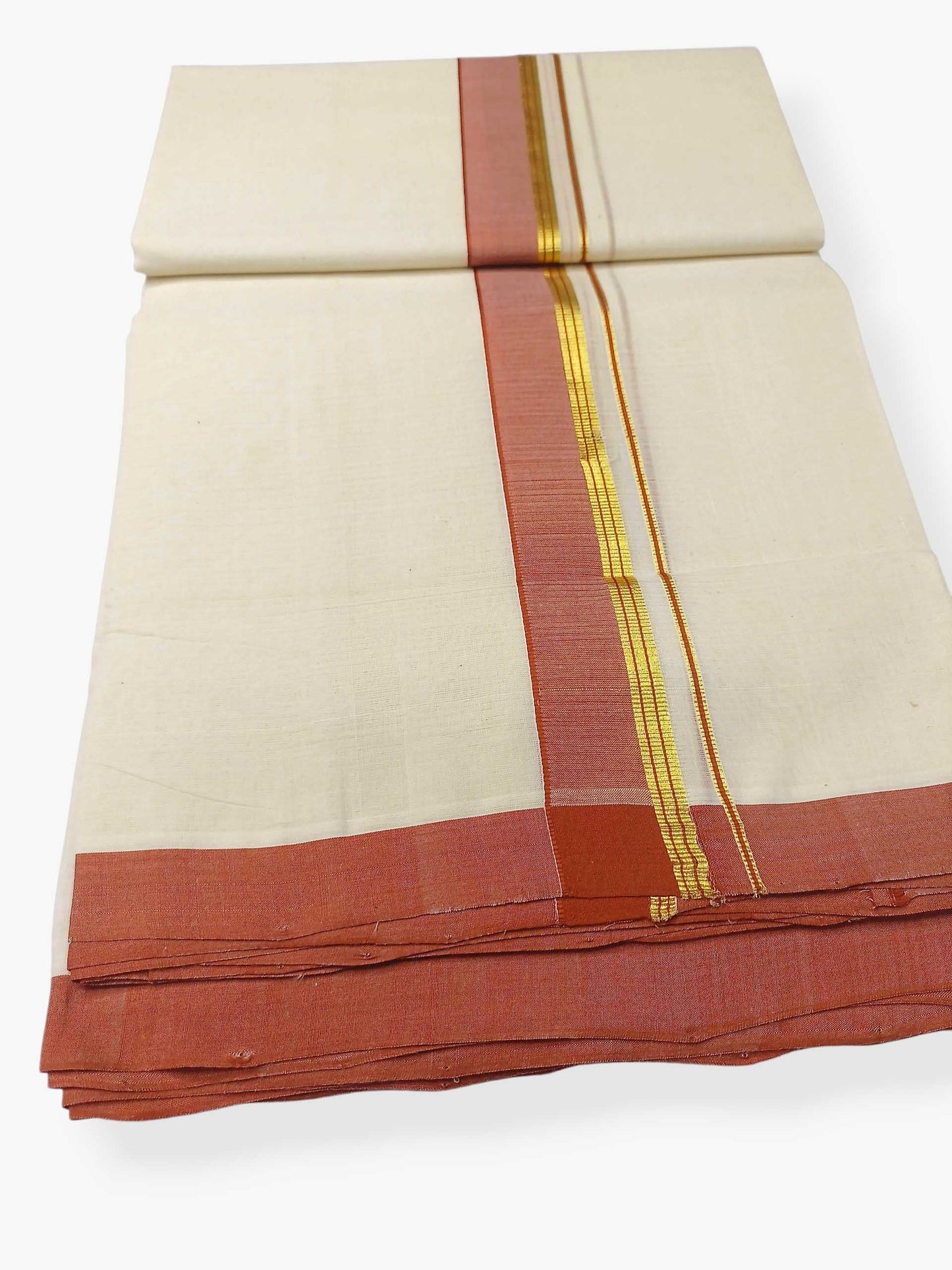 Balaramapuram Handloom Double Mundu Pure Cotton with Dark Orange Border