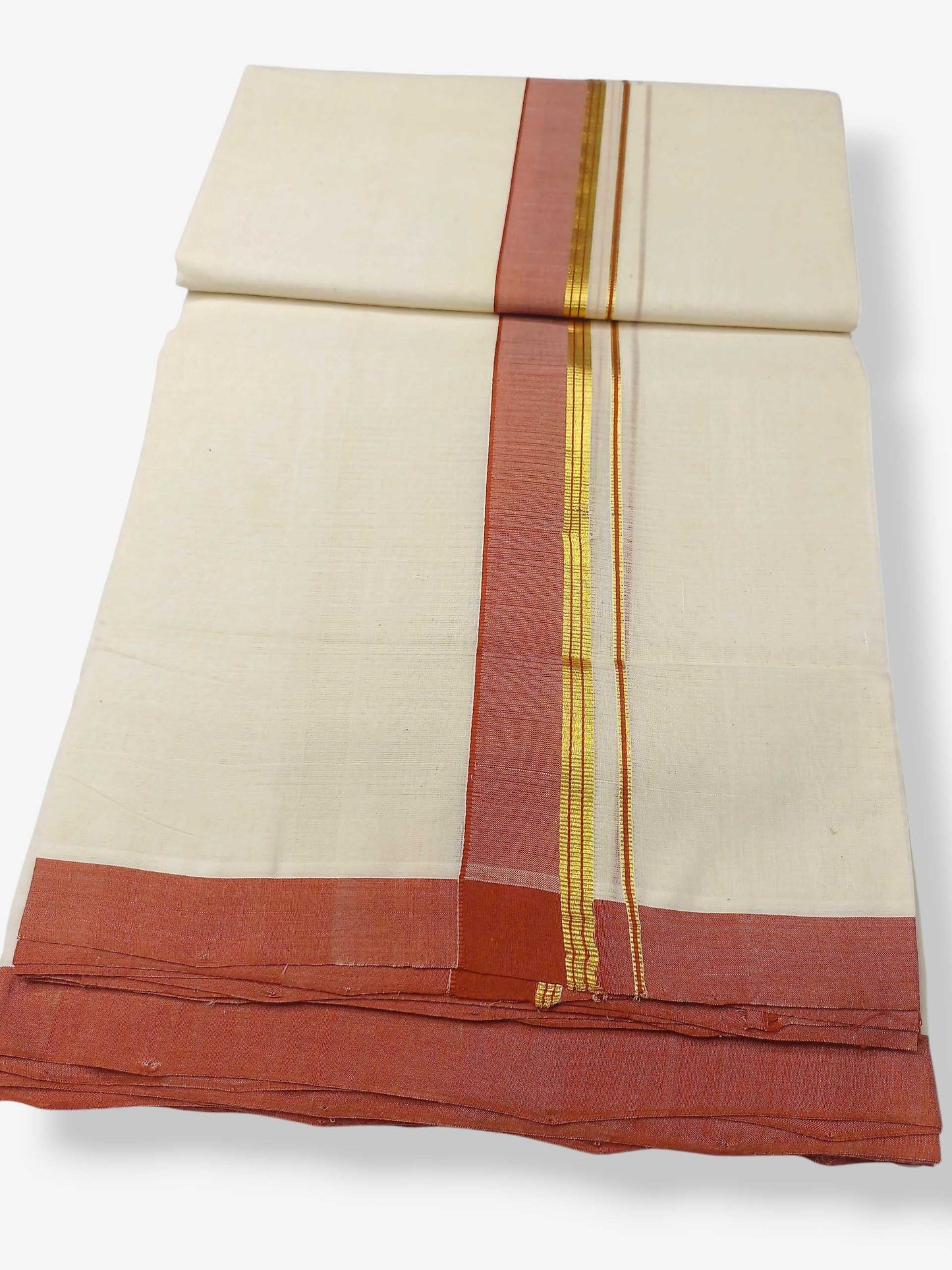 Balaramapuram Handloom Double Mundu Pure Cotton with Dark Orange Border