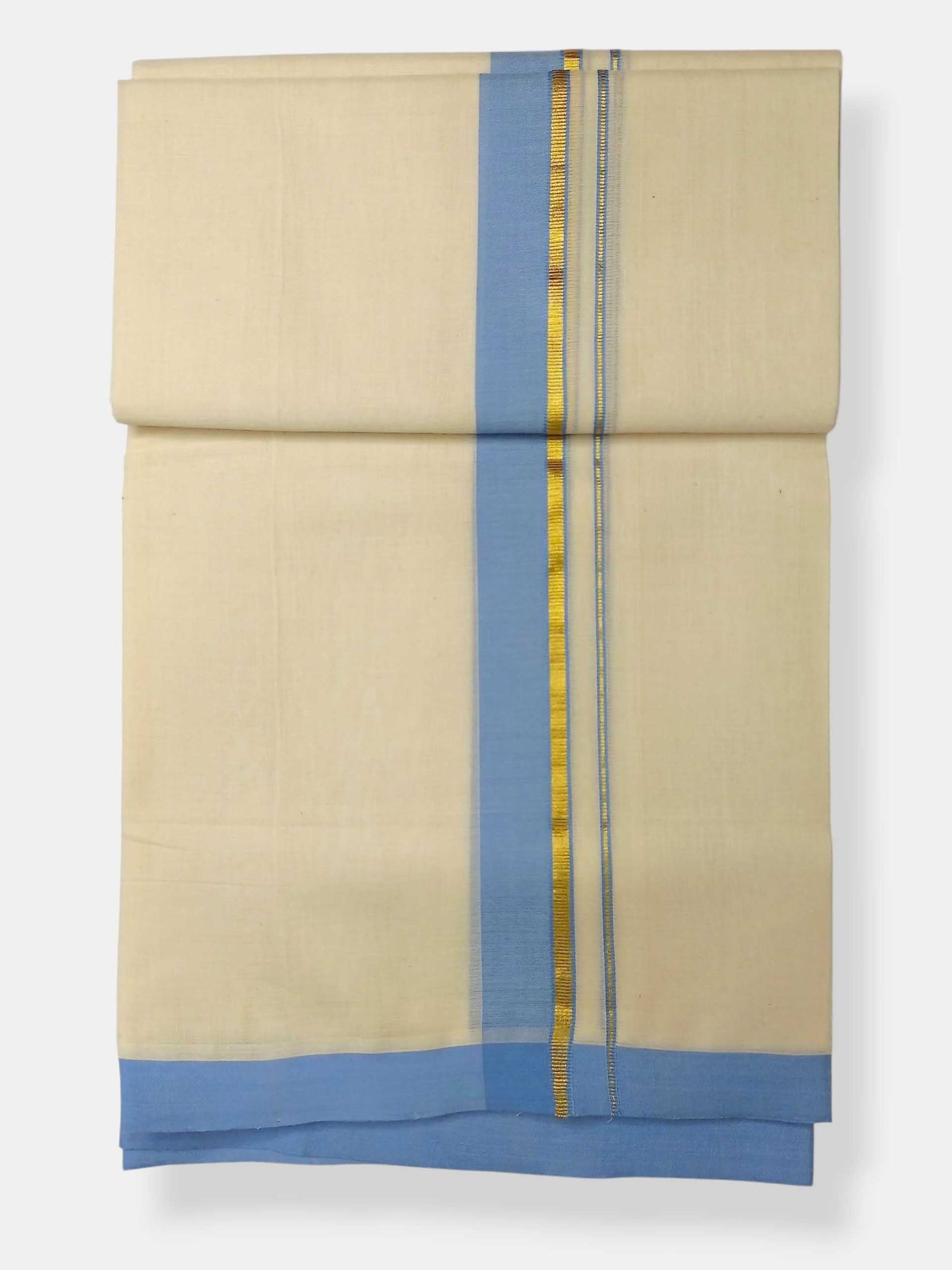 Balaramapuram Handloom Double Mundu Pure Cotton with Ocean Blue Border