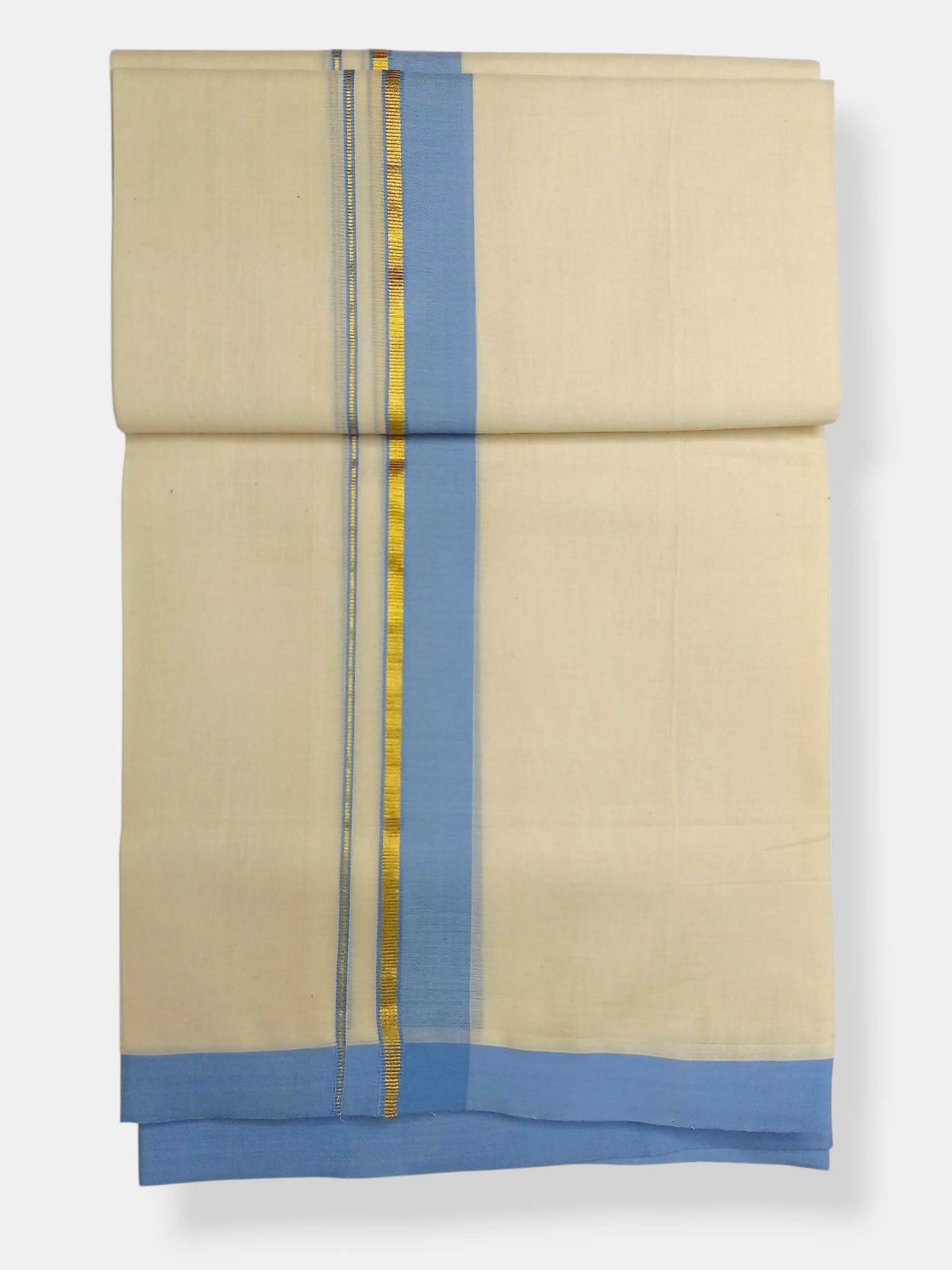 Balaramapuram Handloom Double Mundu Pure Cotton with Ocean Blue Border