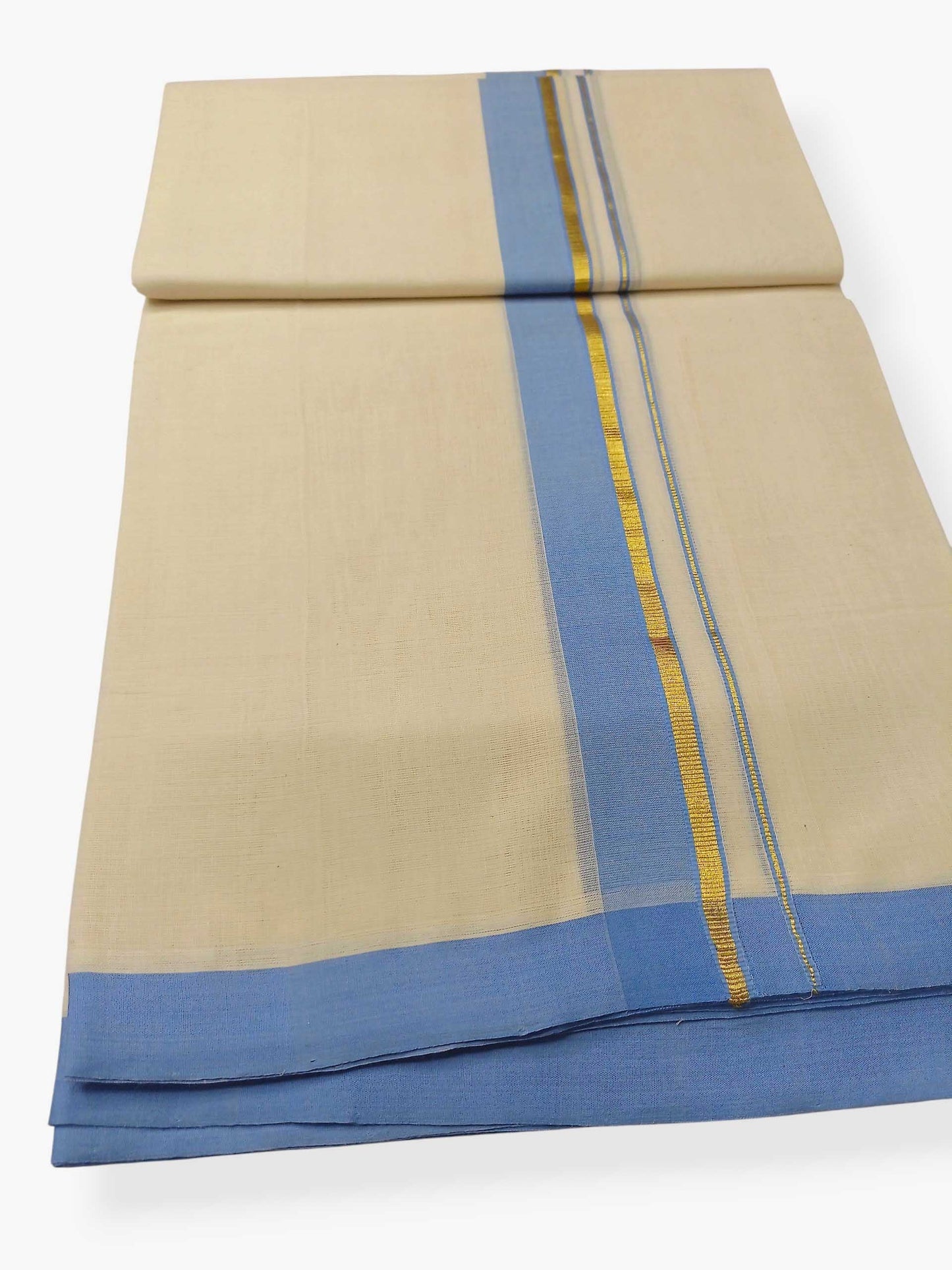 Balaramapuram Handloom Double Mundu Pure Cotton with Ocean Blue Border