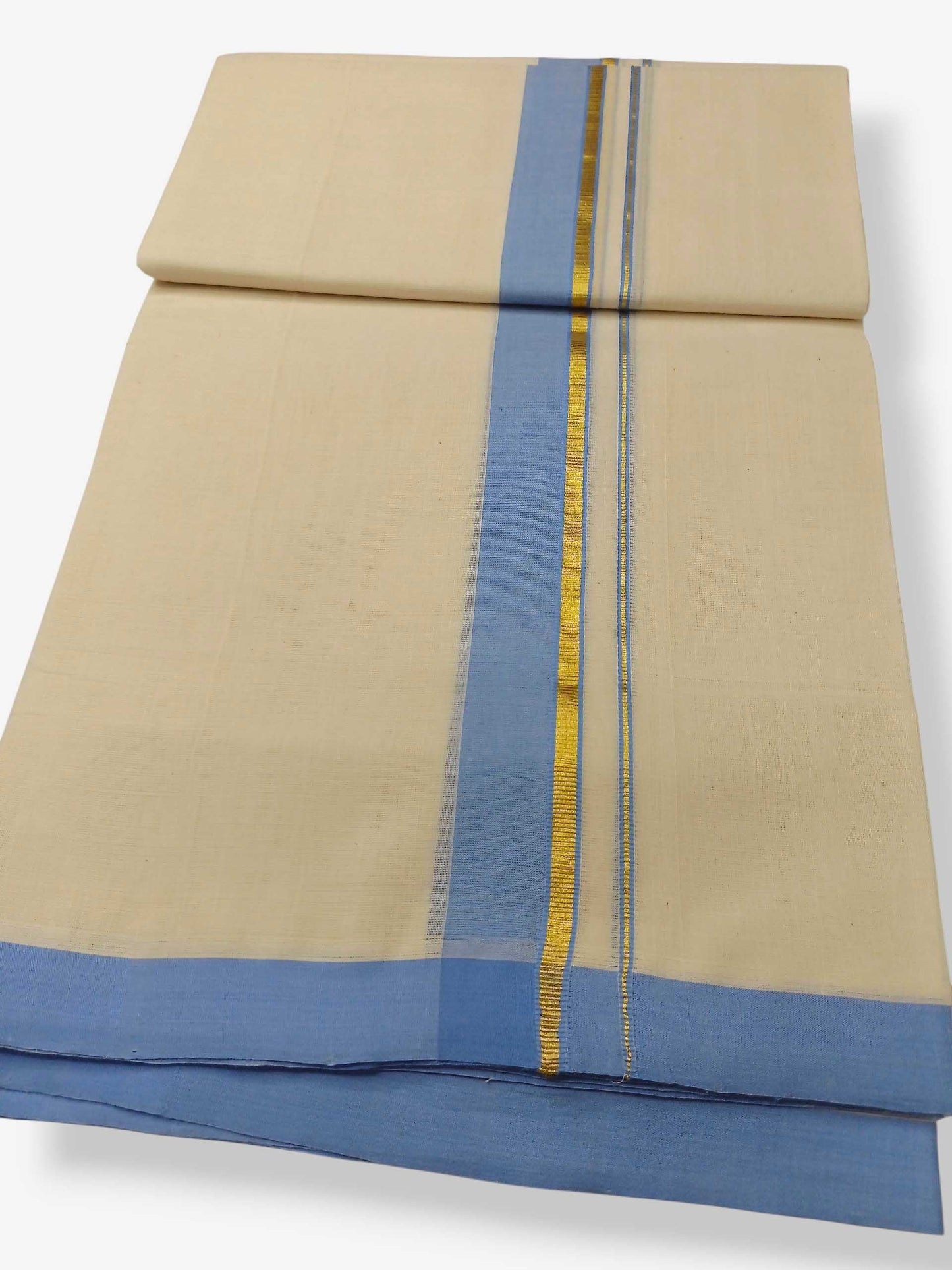 Balaramapuram Handloom Double Mundu Pure Cotton with Ocean Blue Border