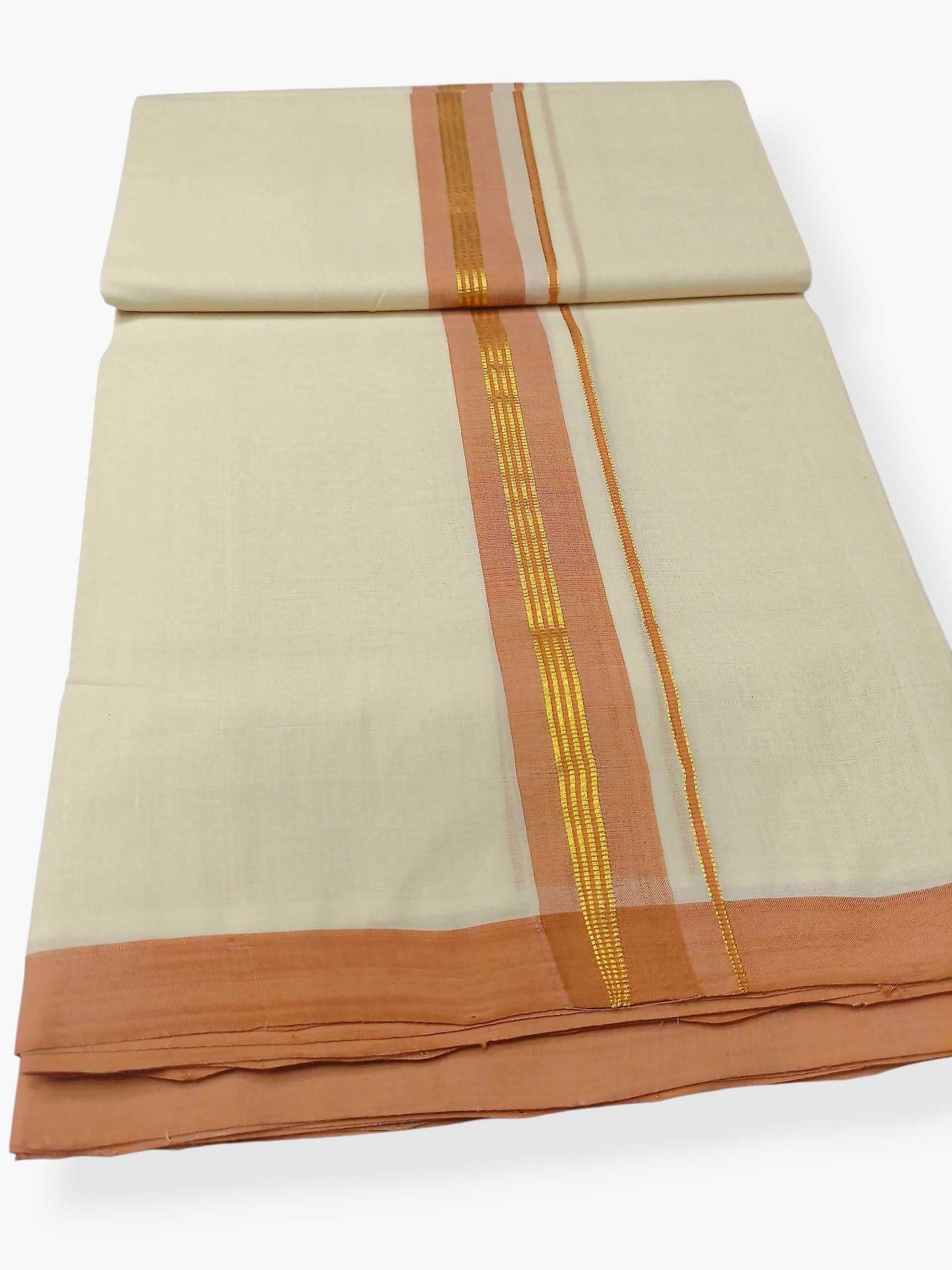 Balaramapuram Handloom Double Mundu Pure Cotton with Peach Border