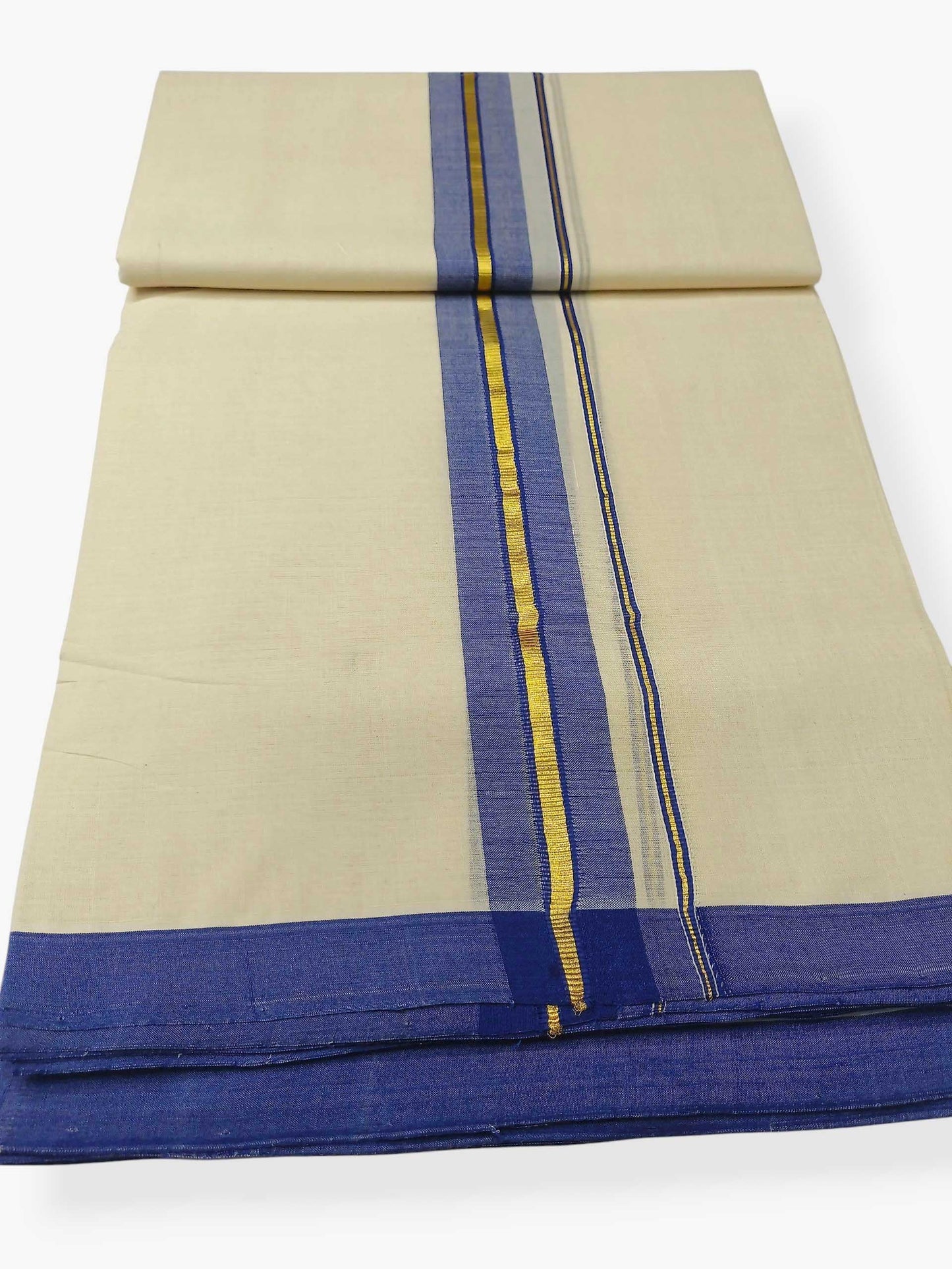 Balaramapuram Handloom Double Mundu Pure Cotton with Navy Blue Border