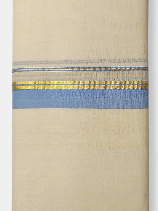 Balaramapuram Handloom Double Mundu Pure Cotton with Ocean Blue Border