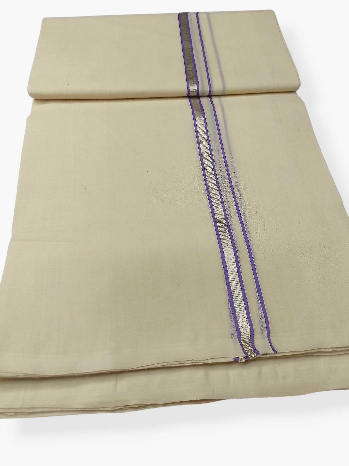 Balaramapuram Handloom Double Mundu Pure Cotton with Lavender Border