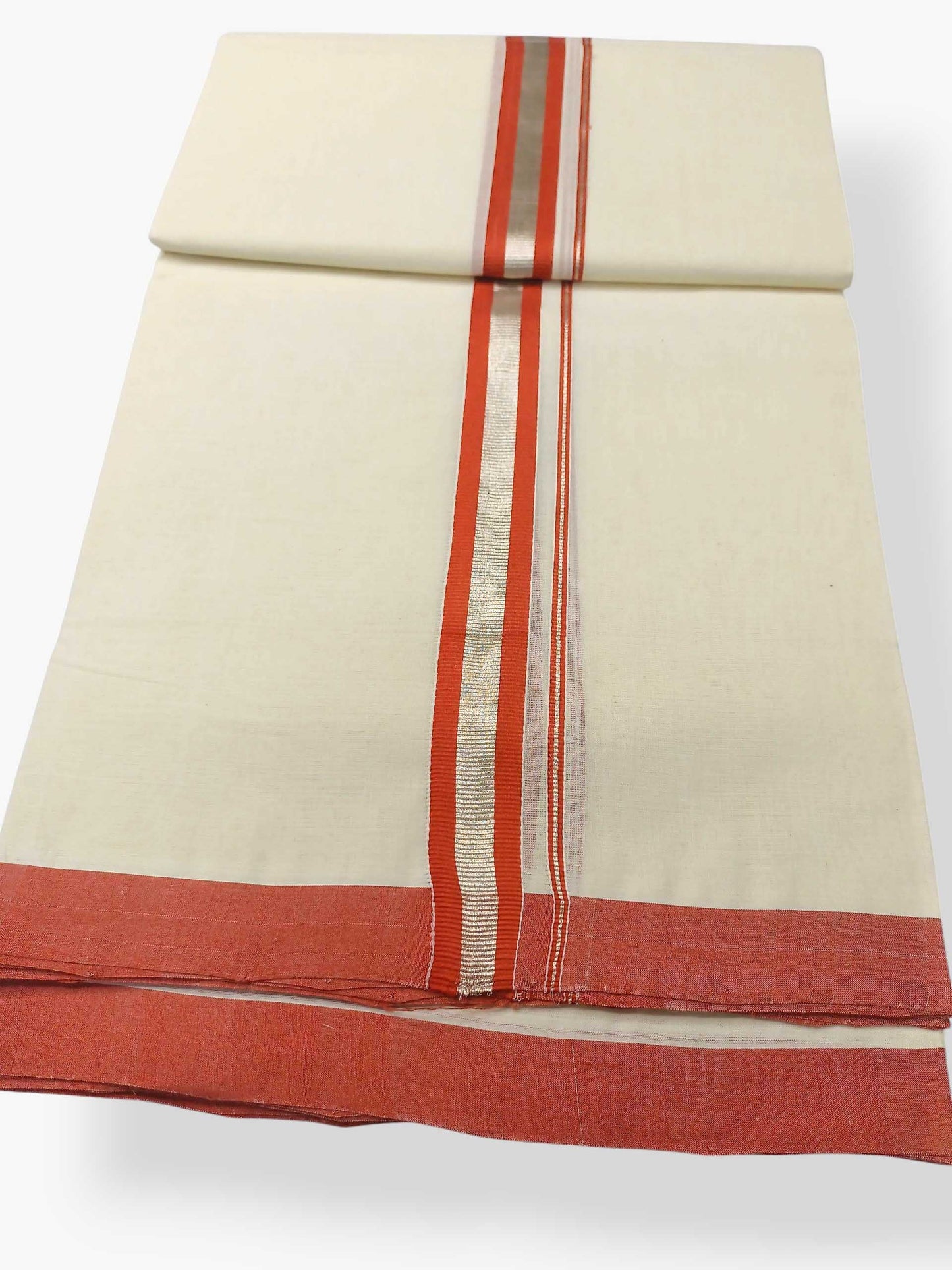 Balaramapuram Handloom Double Mundu Pure Cotton with Orange Border