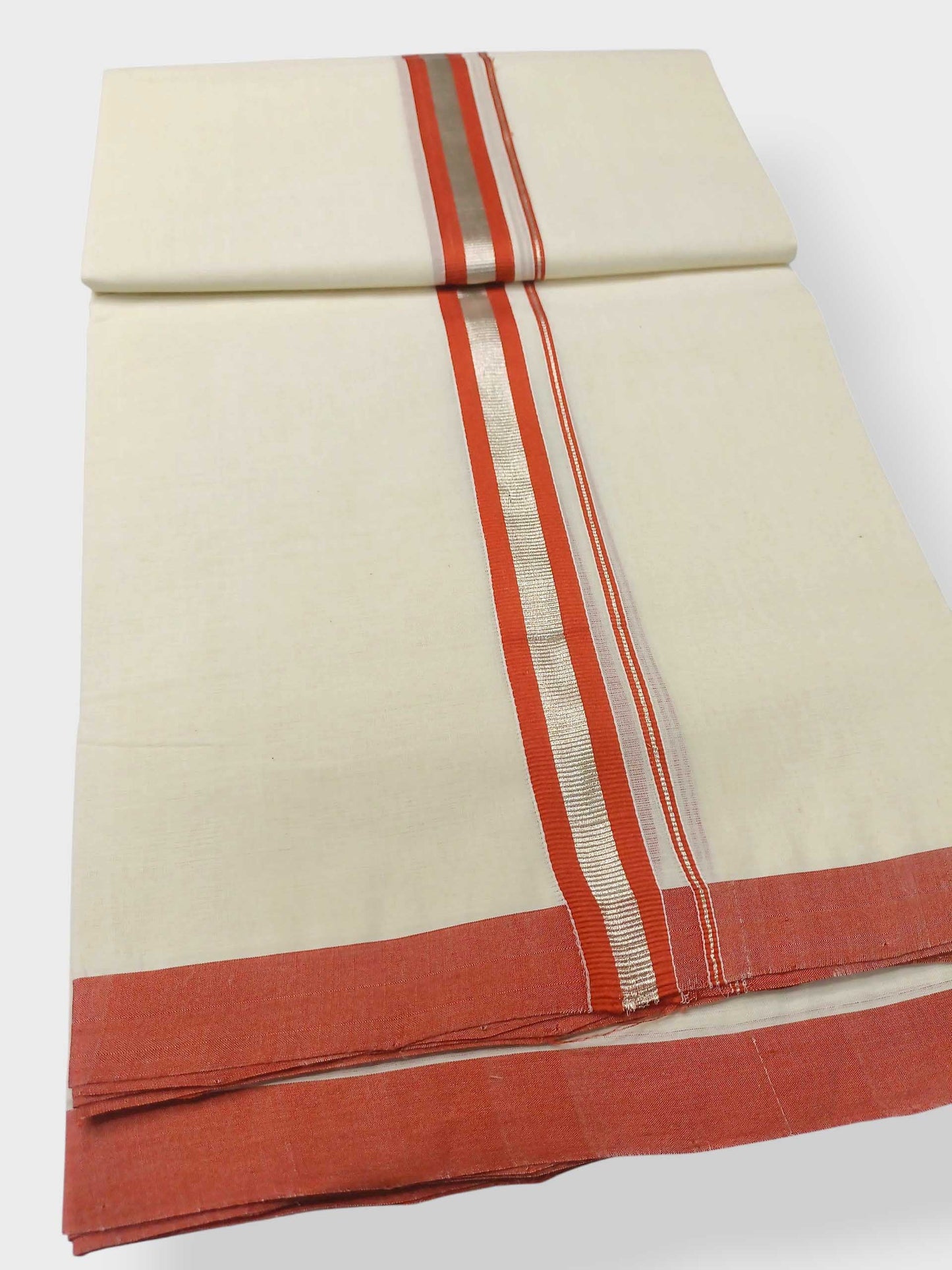 Balaramapuram Handloom Double Mundu Pure Cotton with Orange Border