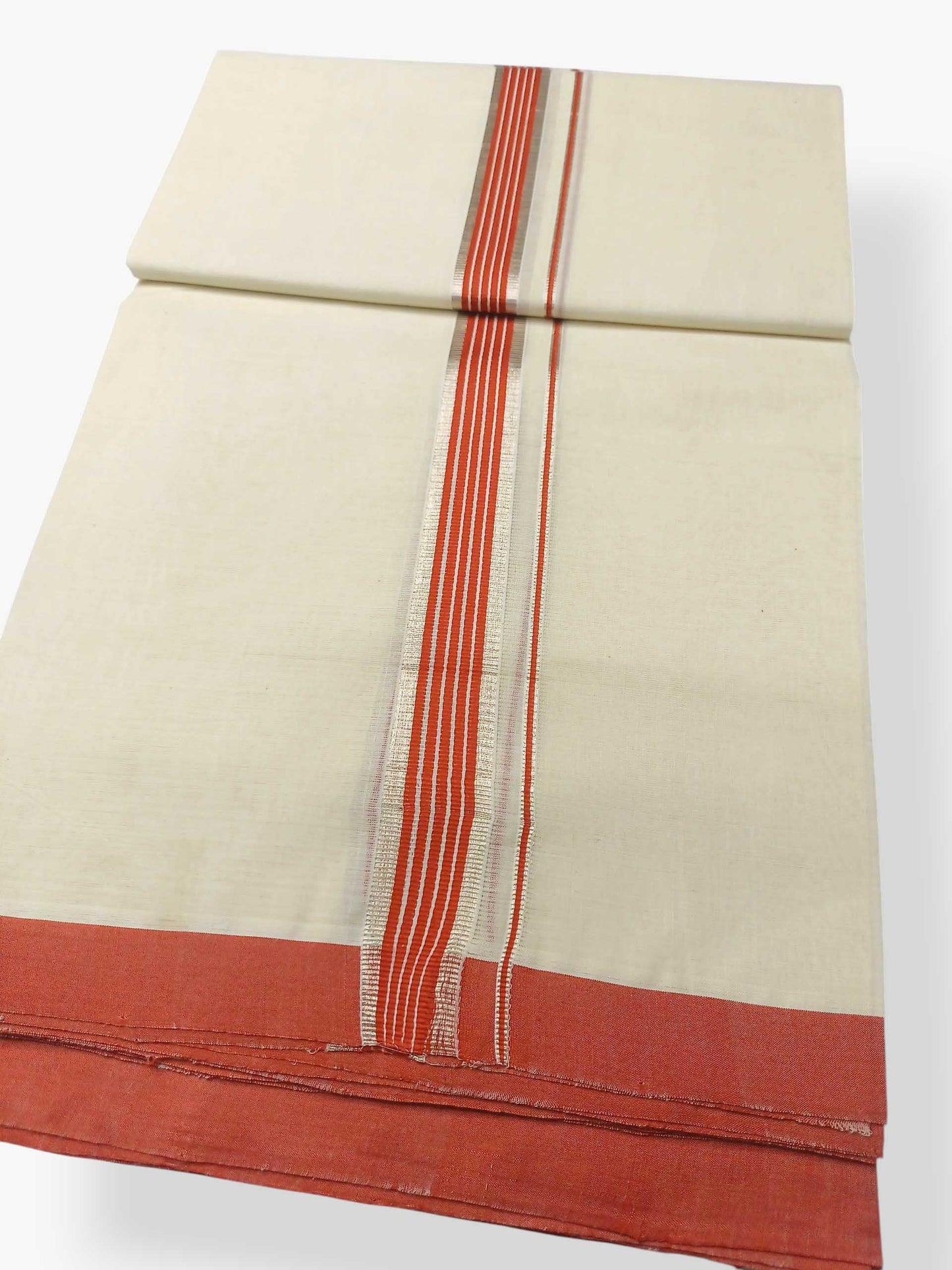 Balaramapuram Handloom Double Mundu Pure Cotton with Orange Border