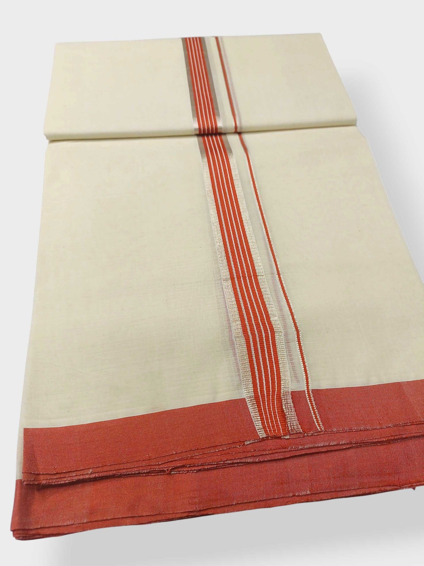 Balaramapuram Handloom Double Mundu Pure Cotton with Orange Border