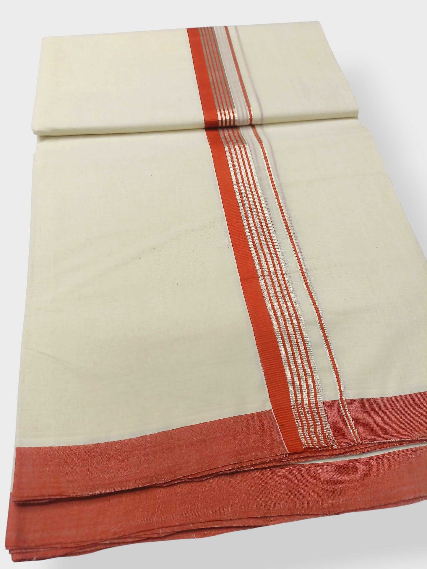 Balaramapuram Handloom Double Mundu Pure Cotton with Orange Border