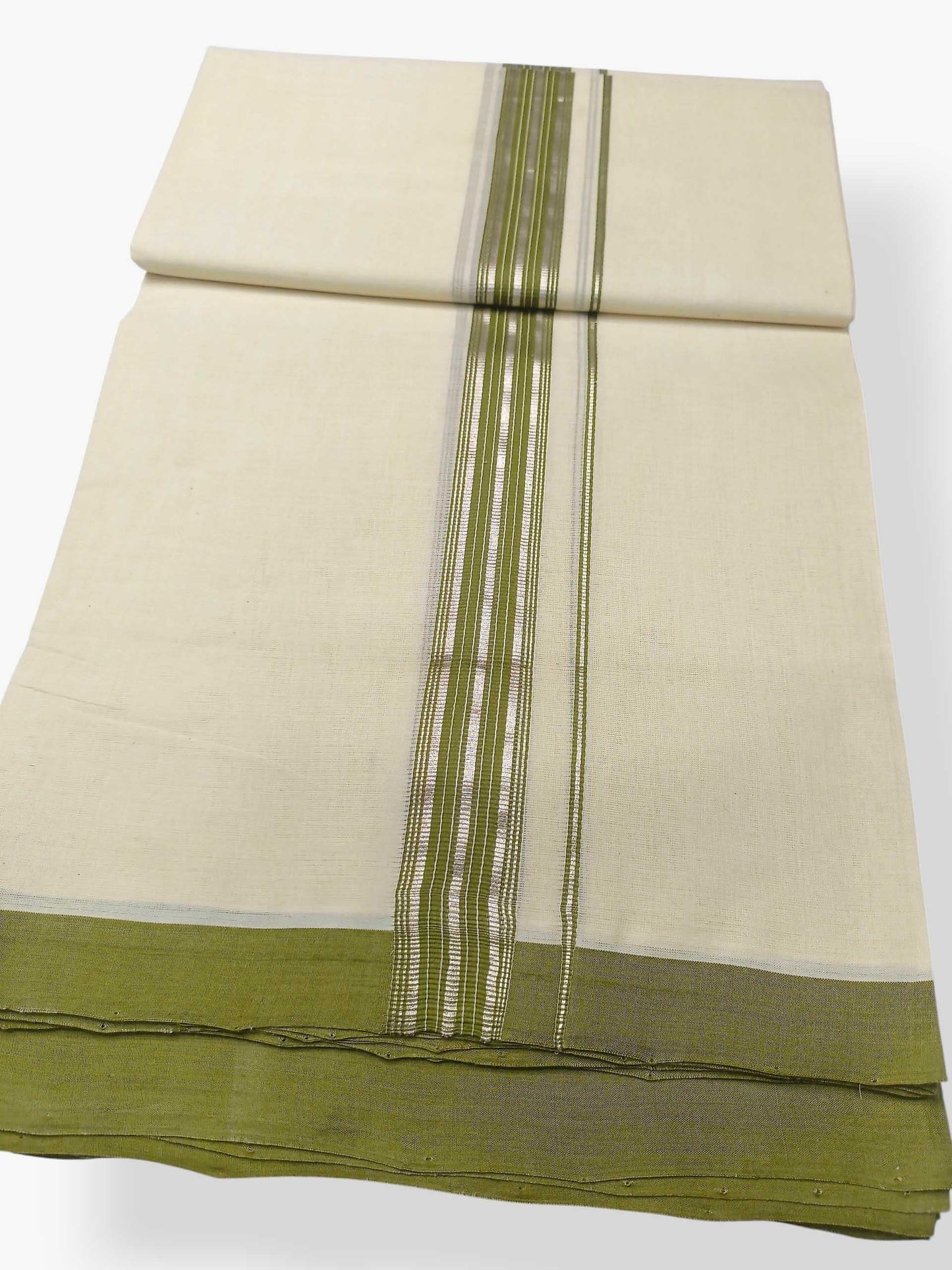 Balaramapuram Handloom Double Mundu Pure Cotton with Green Design