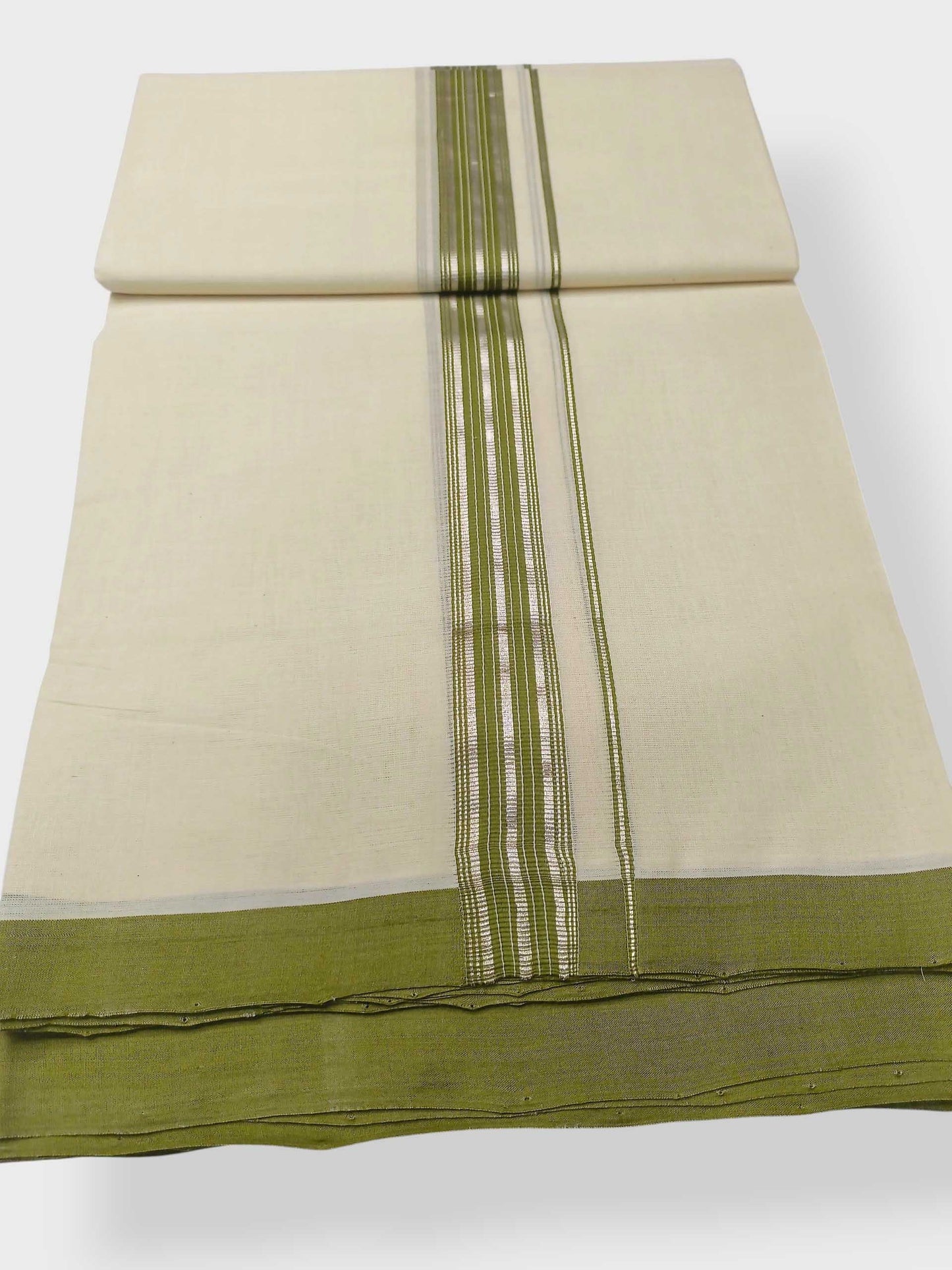 Balaramapuram Handloom Double Mundu Pure Cotton with Green Design