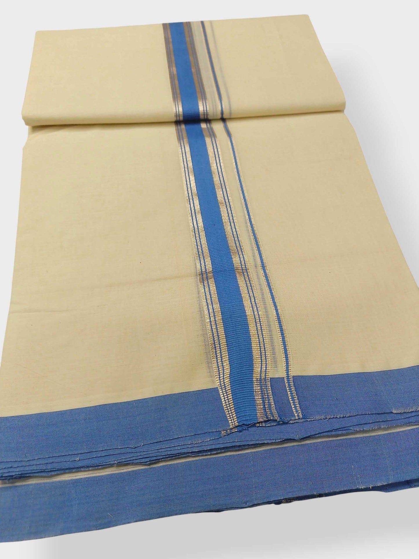 Balaramapuram Handloom Double Mundu Pure Cotton with Blue Border