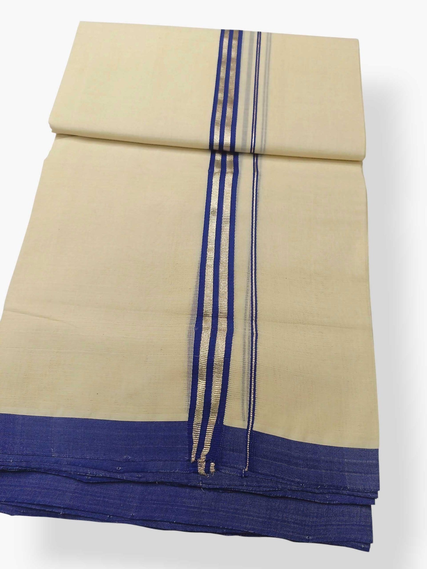Balaramapuram Handloom Double Mundu Pure Cotton with Blue Border