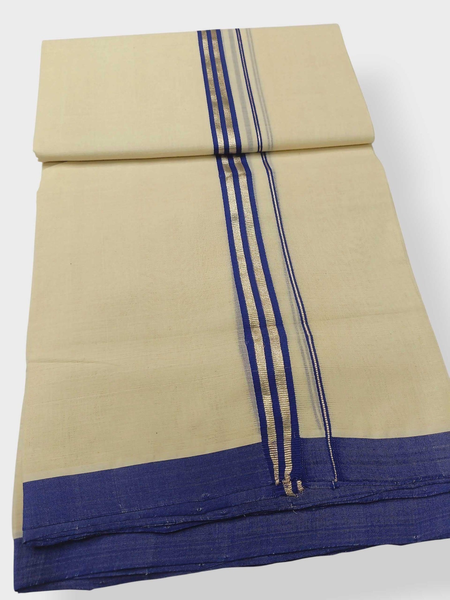 Balaramapuram Handloom Double Mundu Pure Cotton with Blue Border