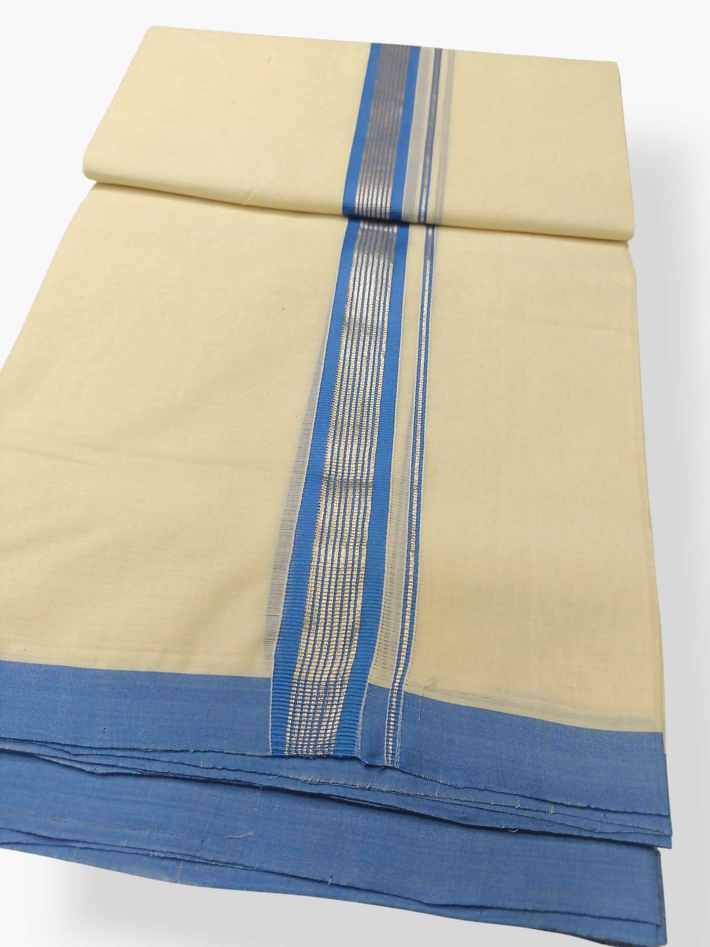 Balaramapuram Handloom Double Mundu Pure Cotton with Blue Border