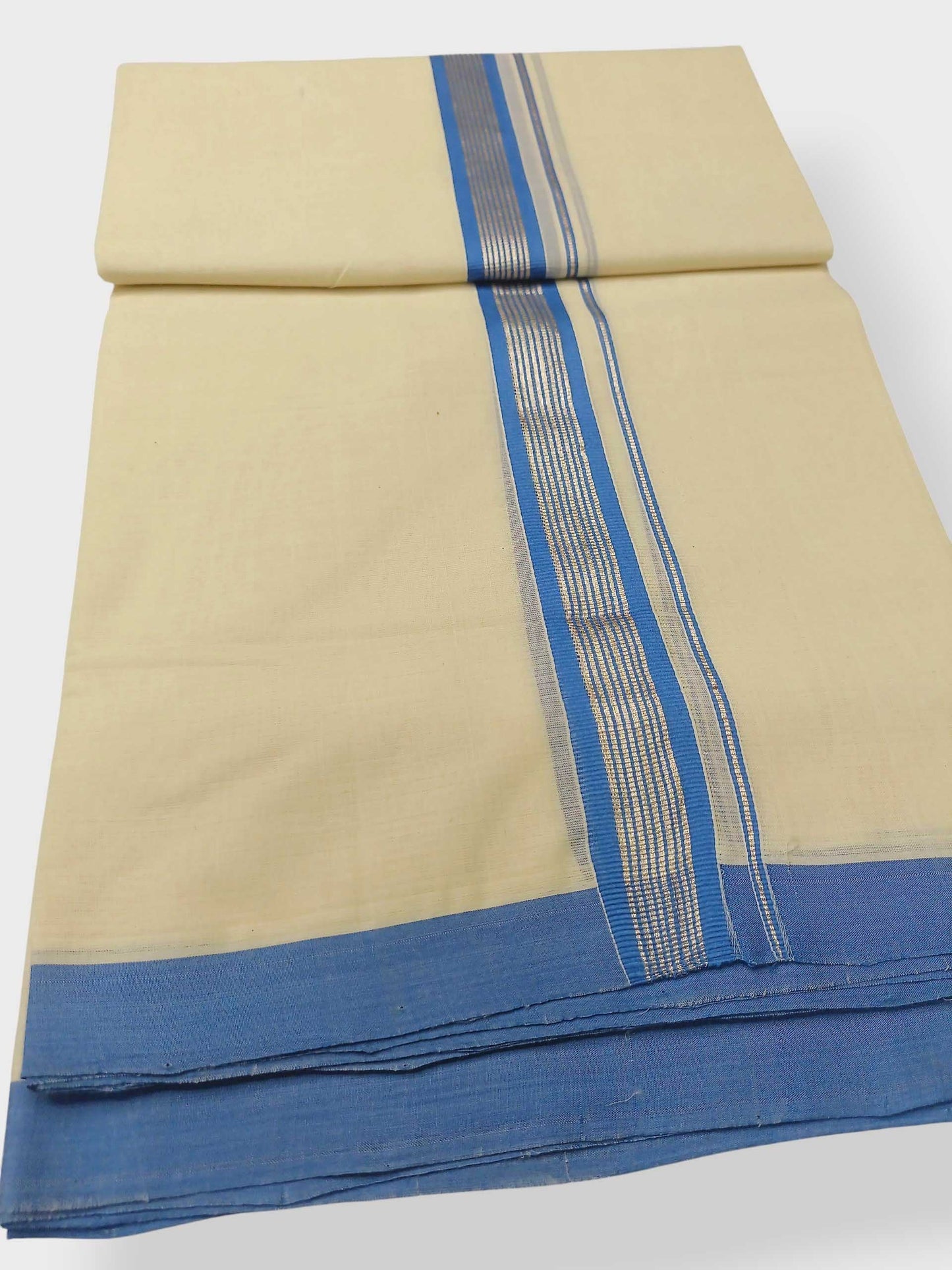 Balaramapuram Handloom Double Mundu Pure Cotton with Blue Border