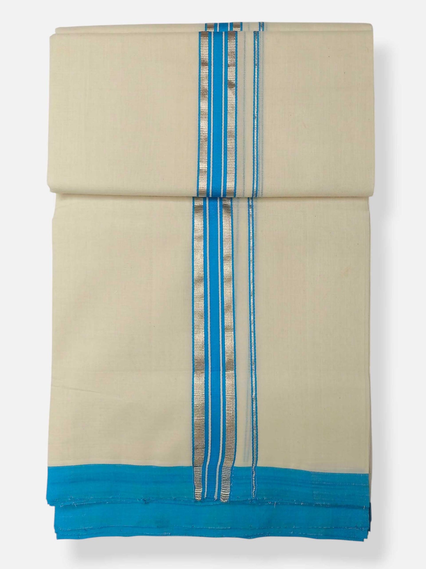 Balaramapuram Handloom Double Mundu Pure Cotton with SkyBlue Border