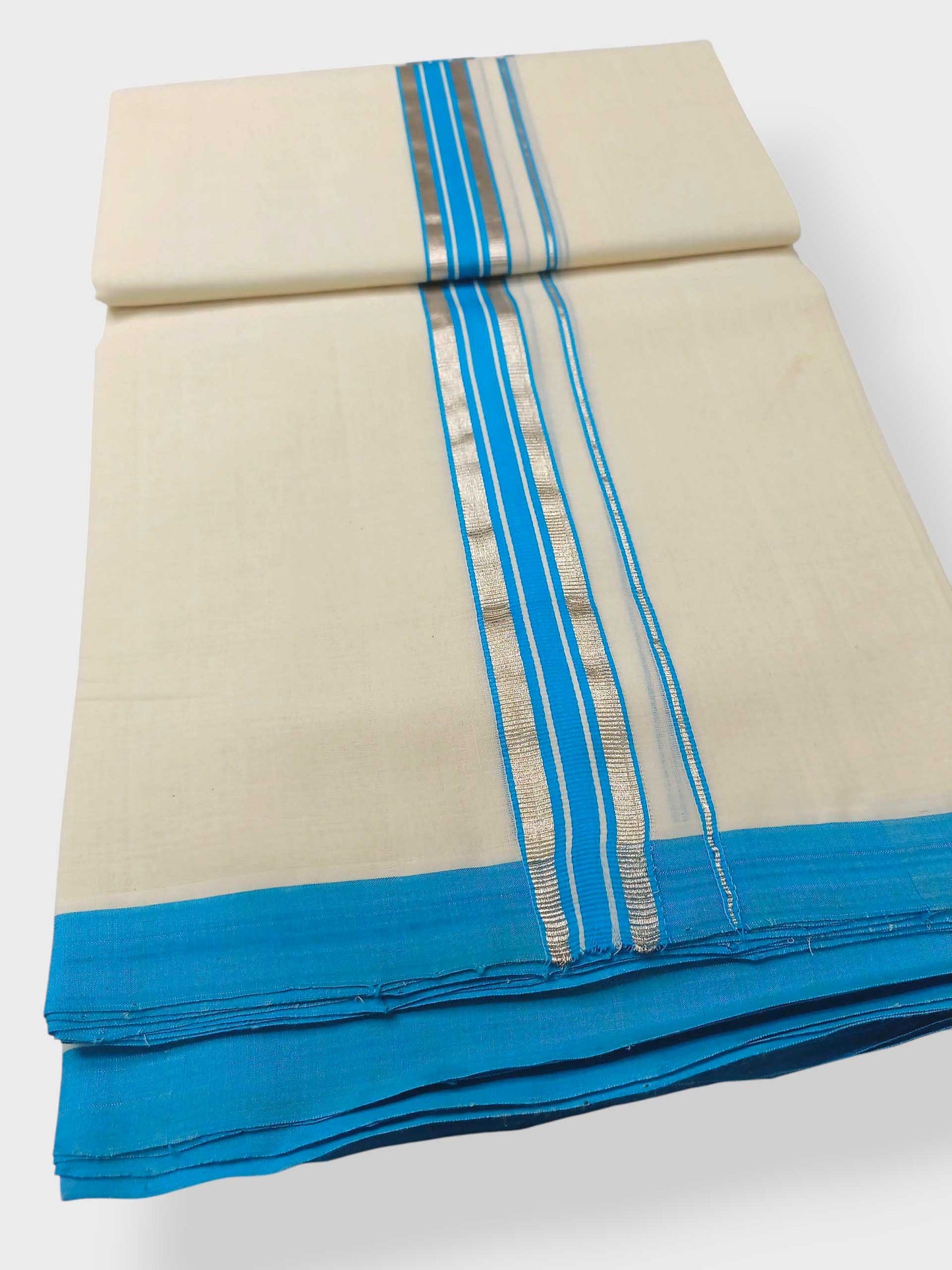 Balaramapuram Handloom Double Mundu Pure Cotton with SkyBlue Border