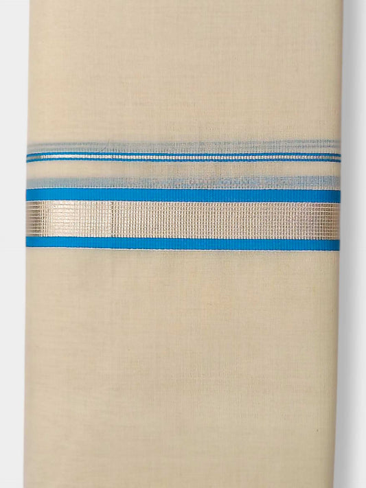 Balaramapuram Handloom Double Mundu Pure Cotton with SkyBlue Border