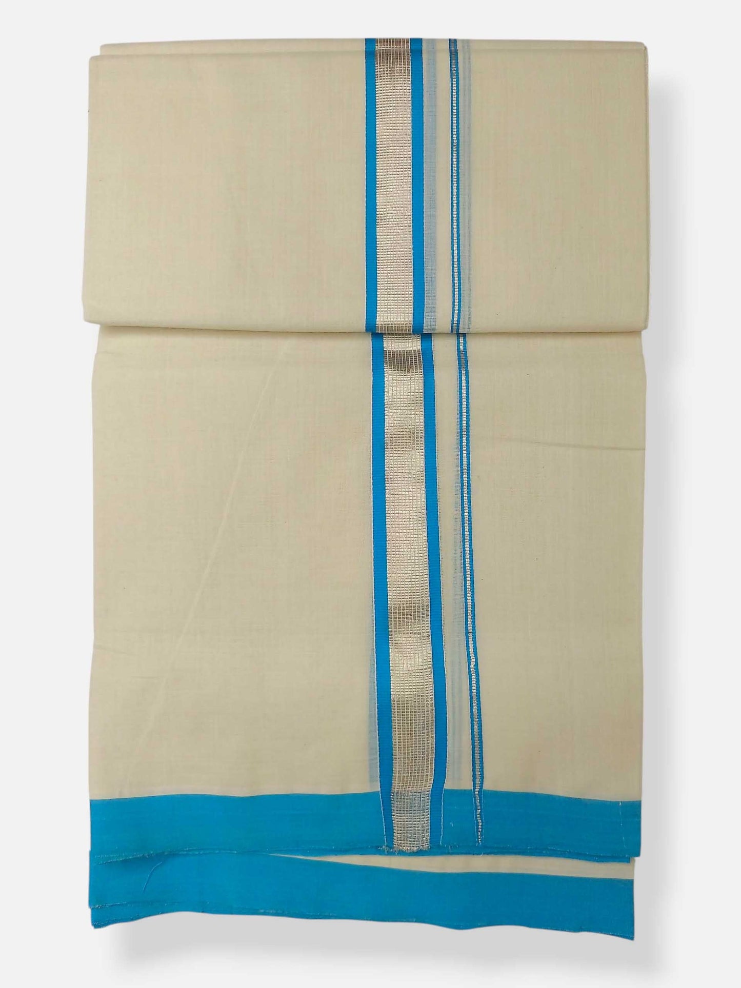 Balaramapuram Handloom Double Mundu Pure Cotton with SkyBlue Border