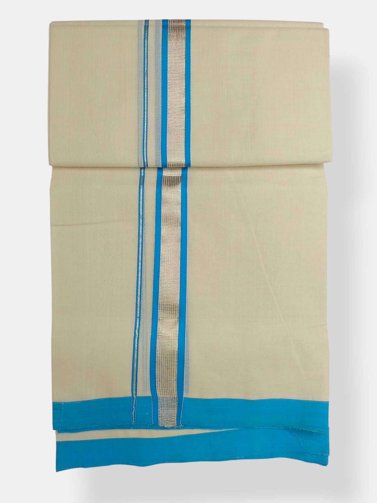 Balaramapuram Handloom Double Mundu Pure Cotton with SkyBlue Border