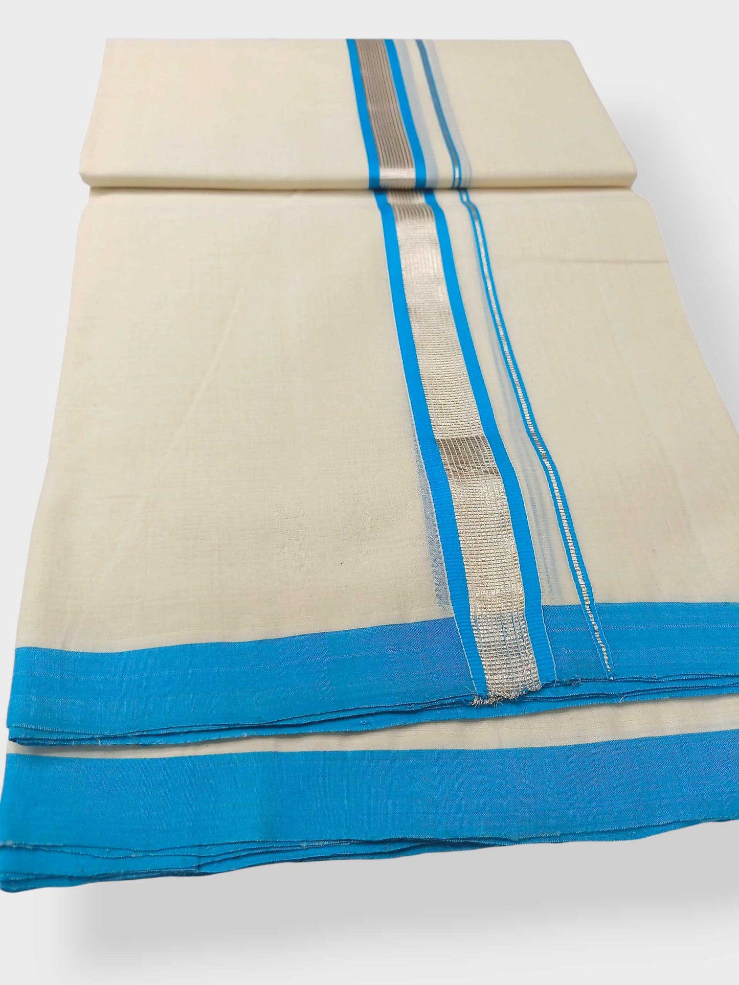 Balaramapuram Handloom Double Mundu Pure Cotton with SkyBlue Border