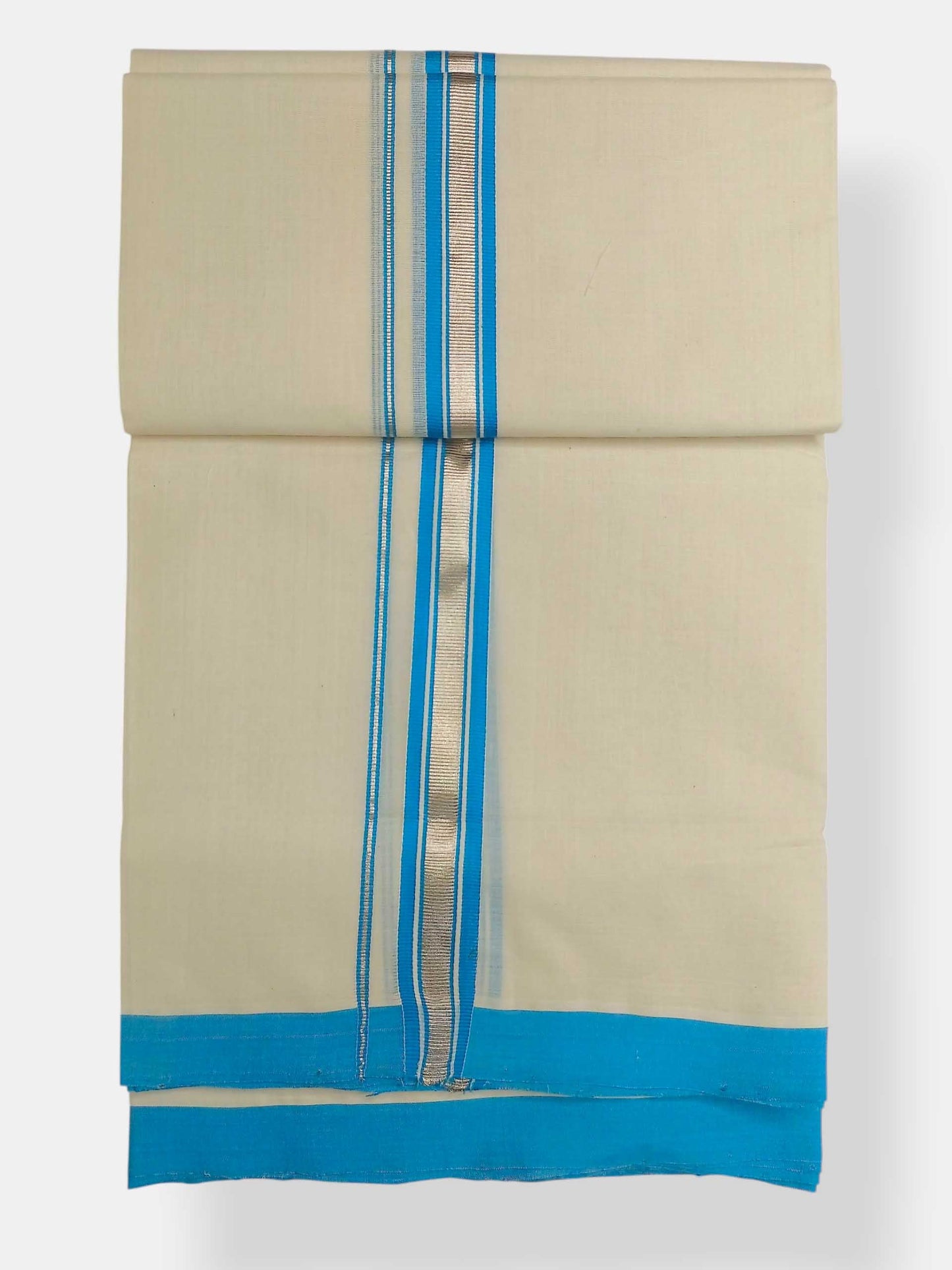 Balaramapuram Handloom Double Mundu Pure Cotton with SkyBlue Border