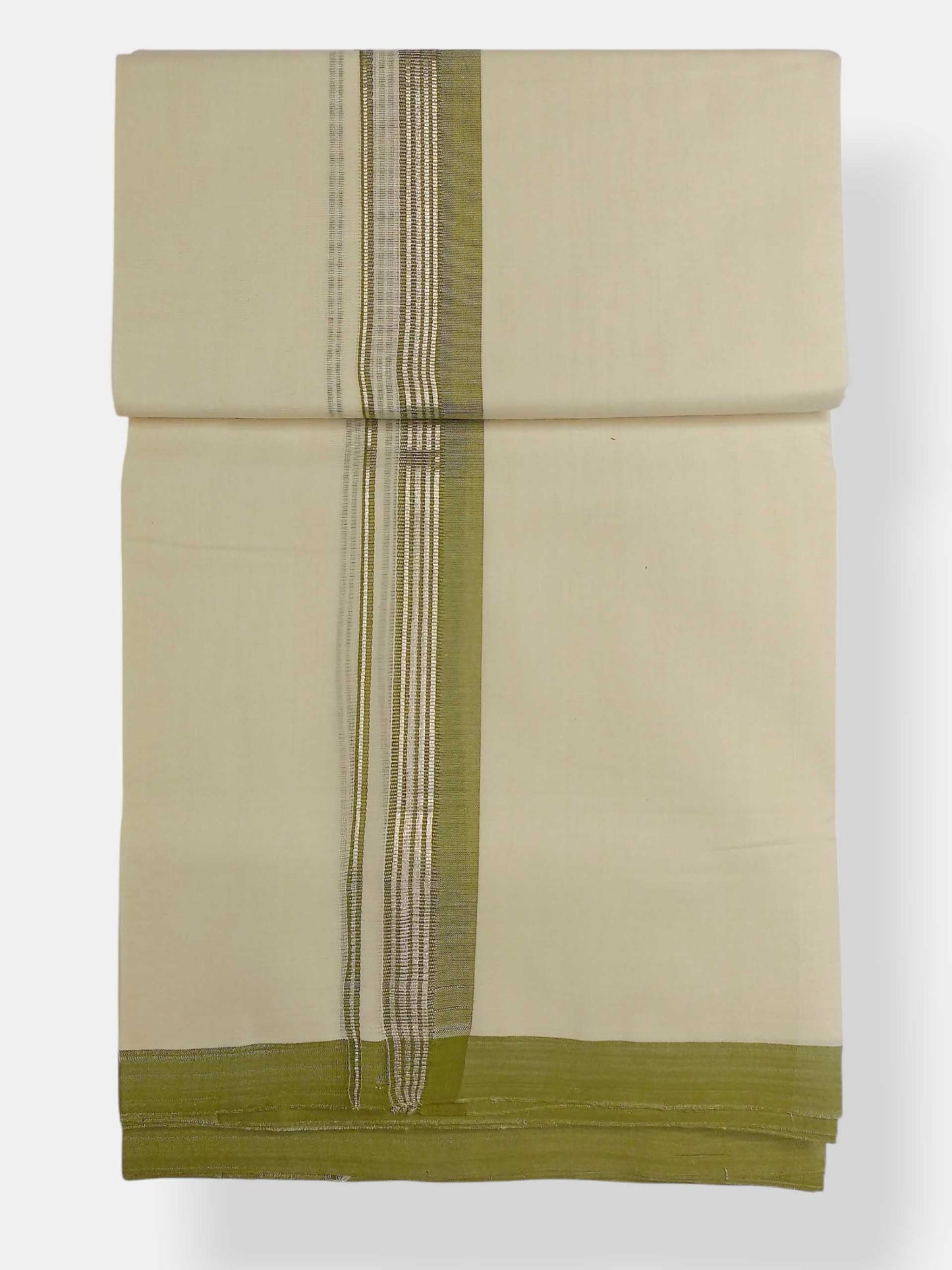 Balaramapuram Handloom Double Mundu Pure Cotton with Olive Green Border