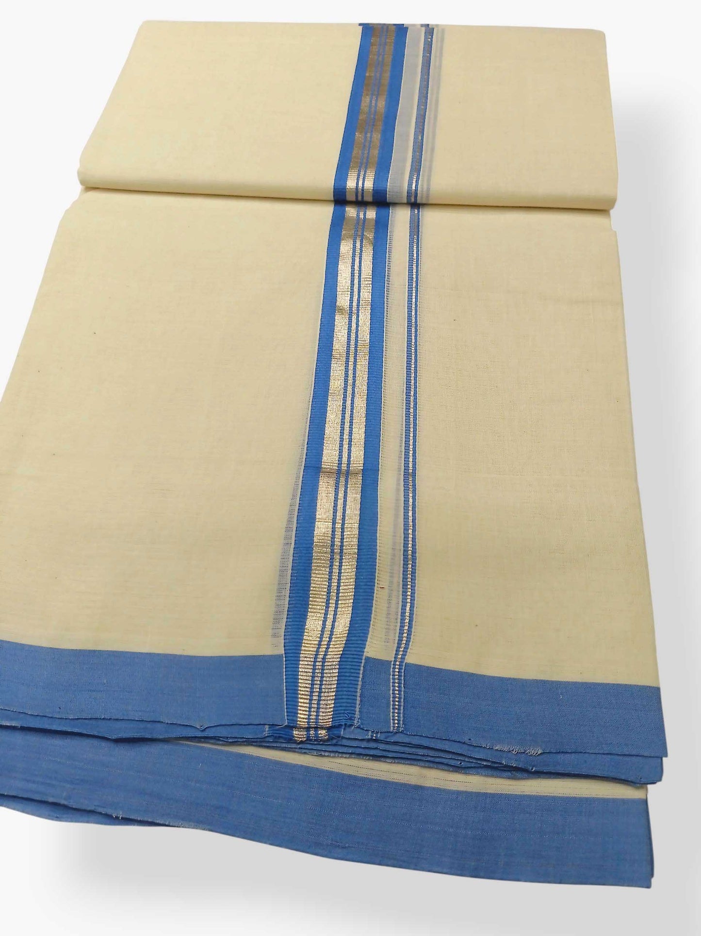 Balaramapuram Handloom Double Mundu Pure Cotton with Blue Border