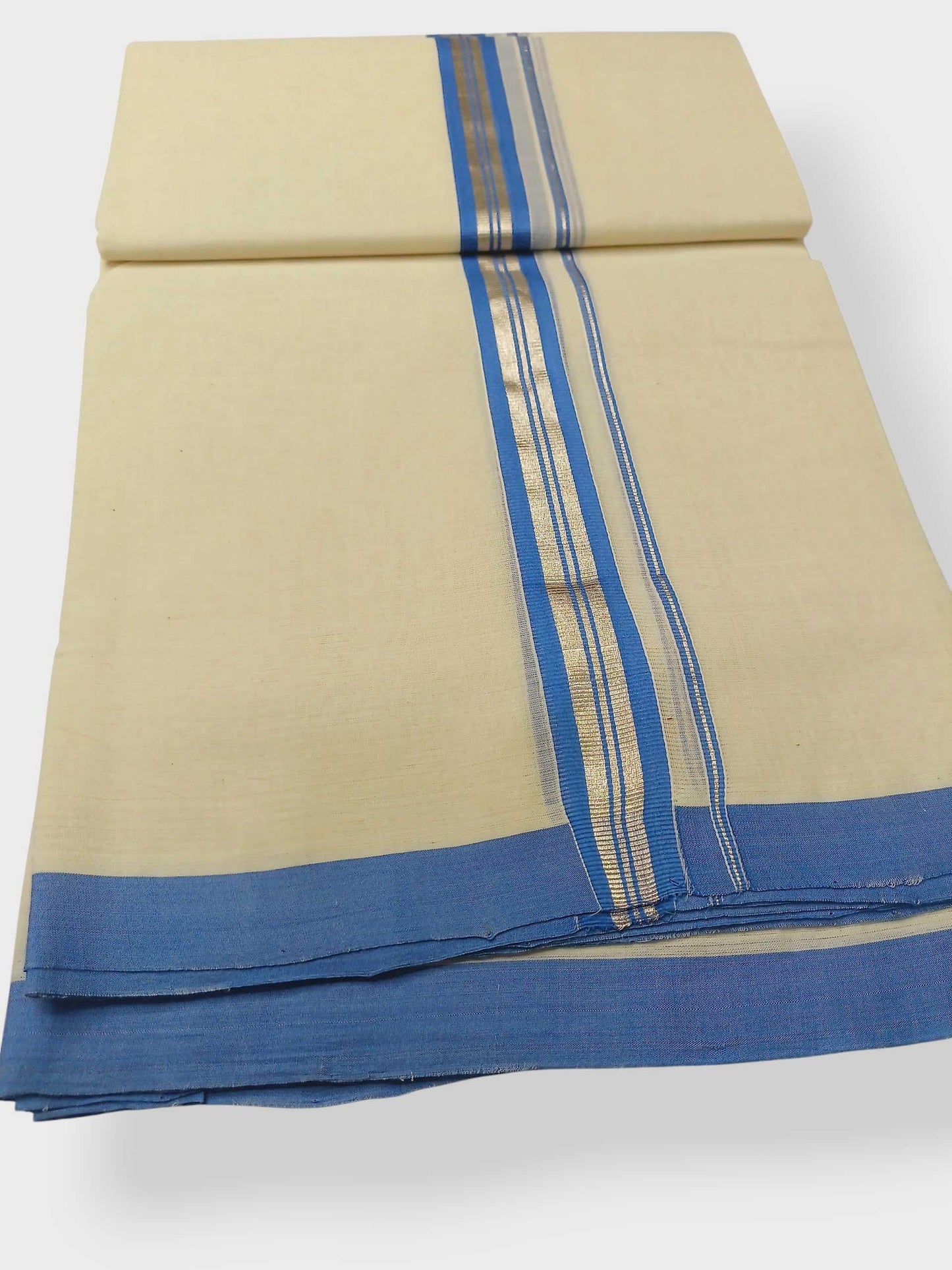 Balaramapuram Handloom Double Mundu Pure Cotton with Blue Border